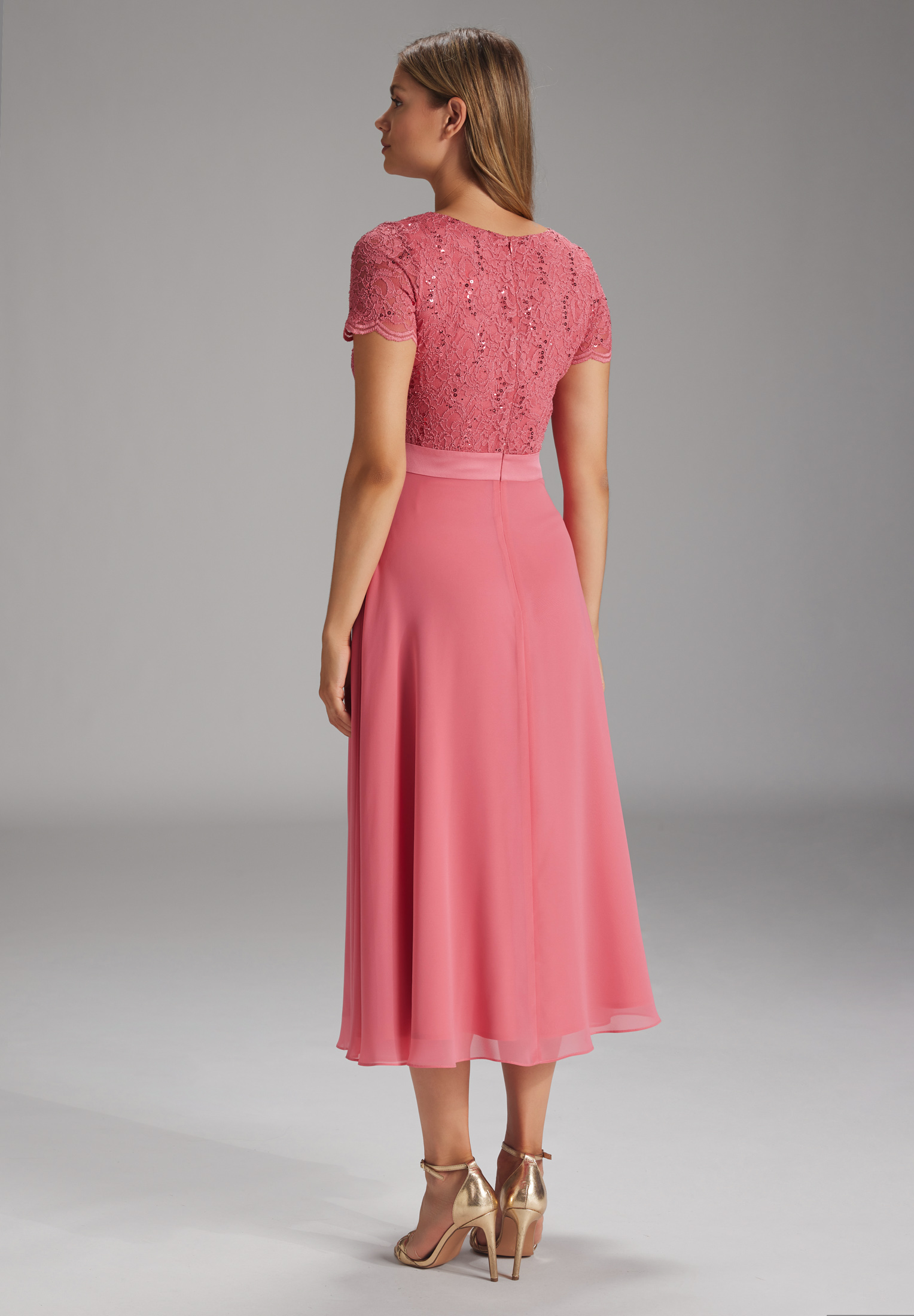 Swing Spitzen-Chiffon-Kleid mit Taillenba melon pink 4
