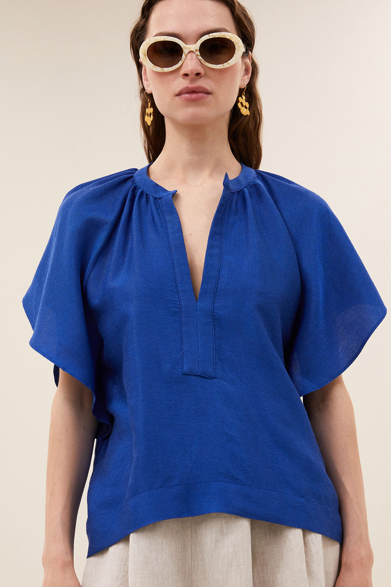 Dames blouse korte mouw blauw