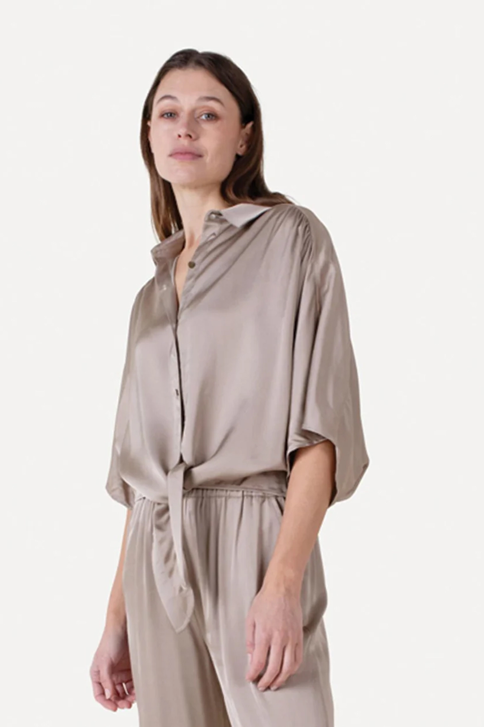 Dames blouse korte mouw bruin