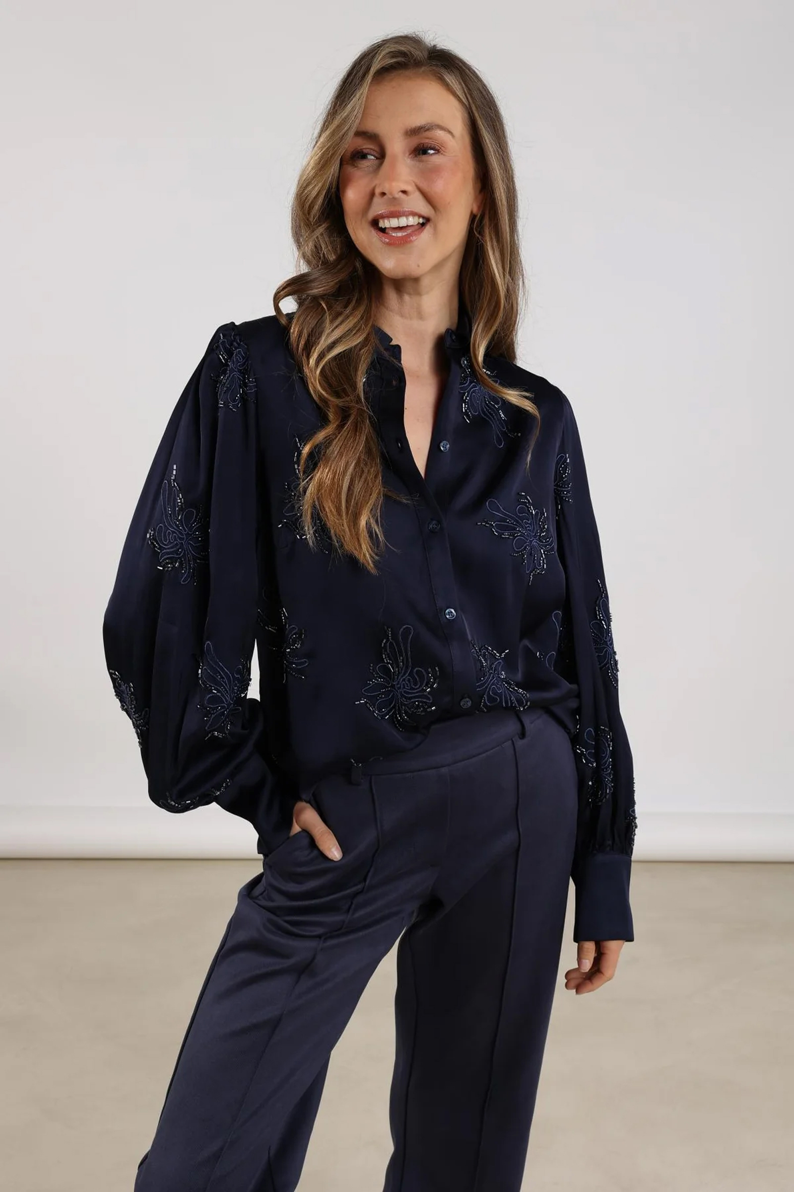 Dames blouse lange mouw blauw