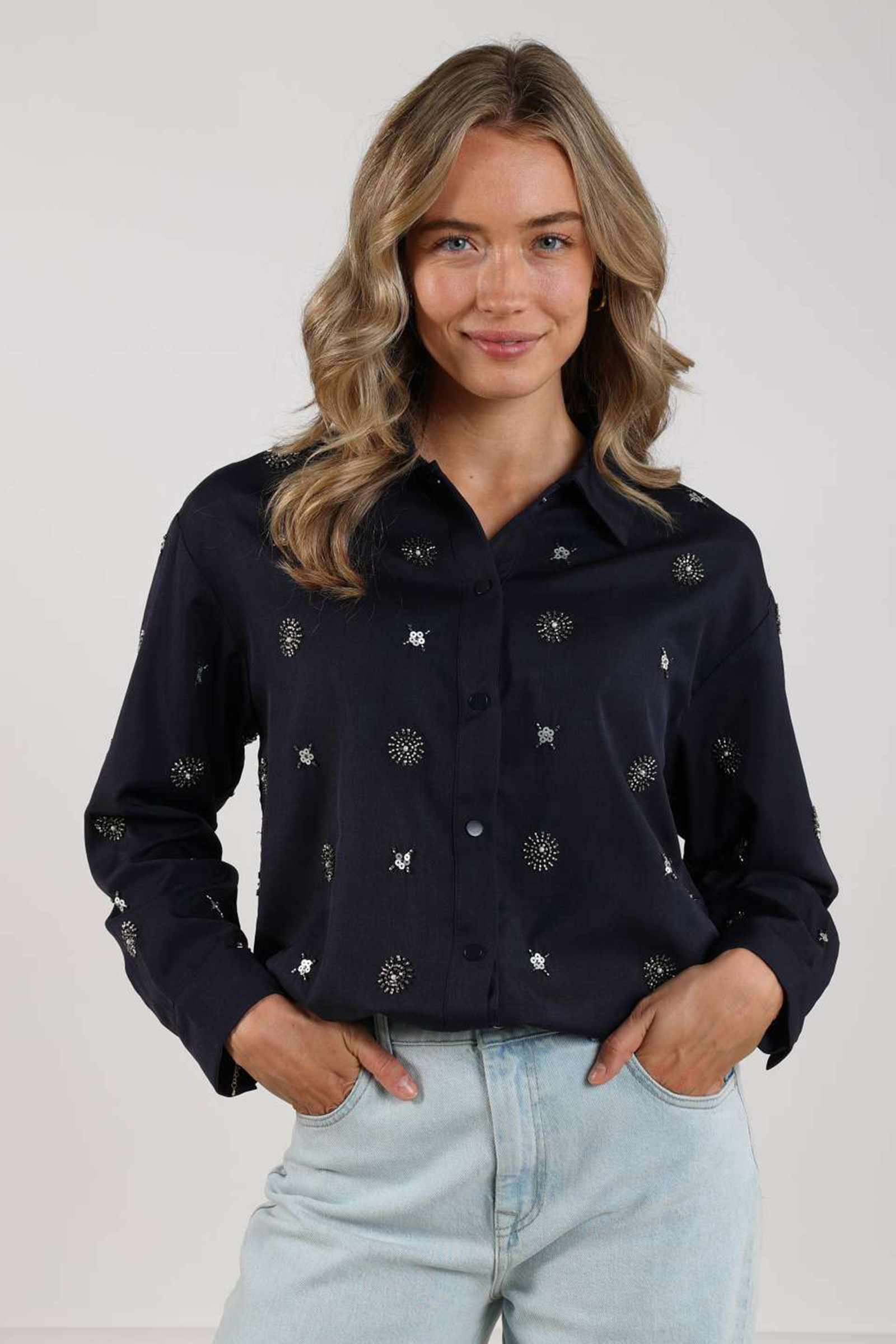 Dames blouse lange mouw blauw