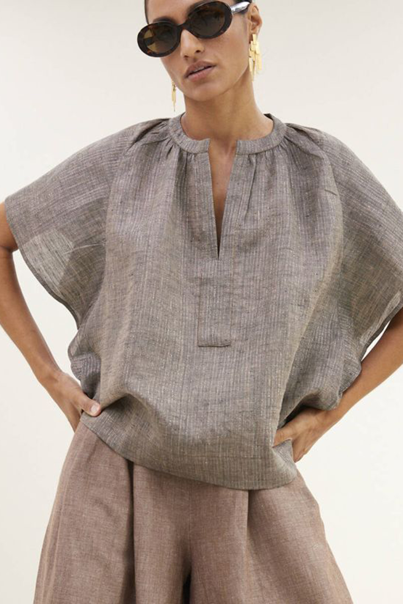 Dames blouse korte mouw bruin