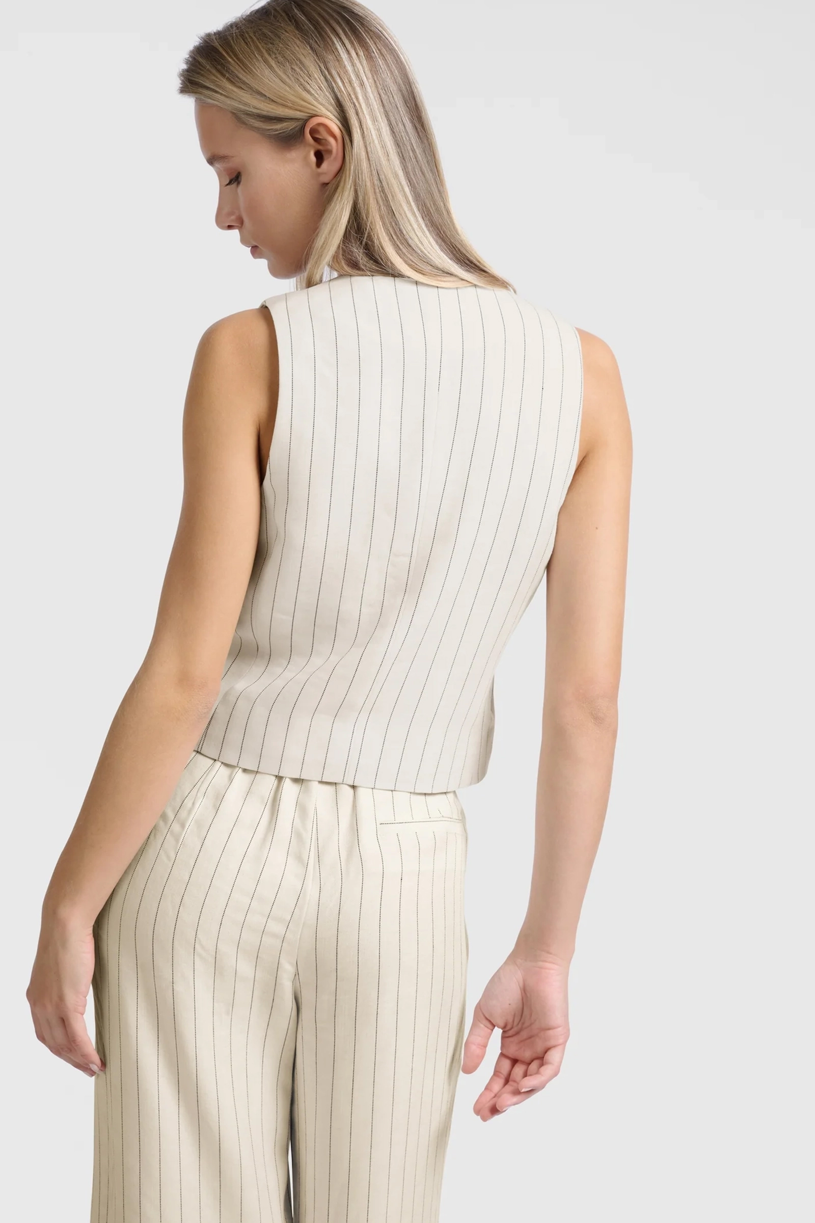 Yaya Linen mix pinstripe gilet SAND LINEN BEIGE DESSIN 3