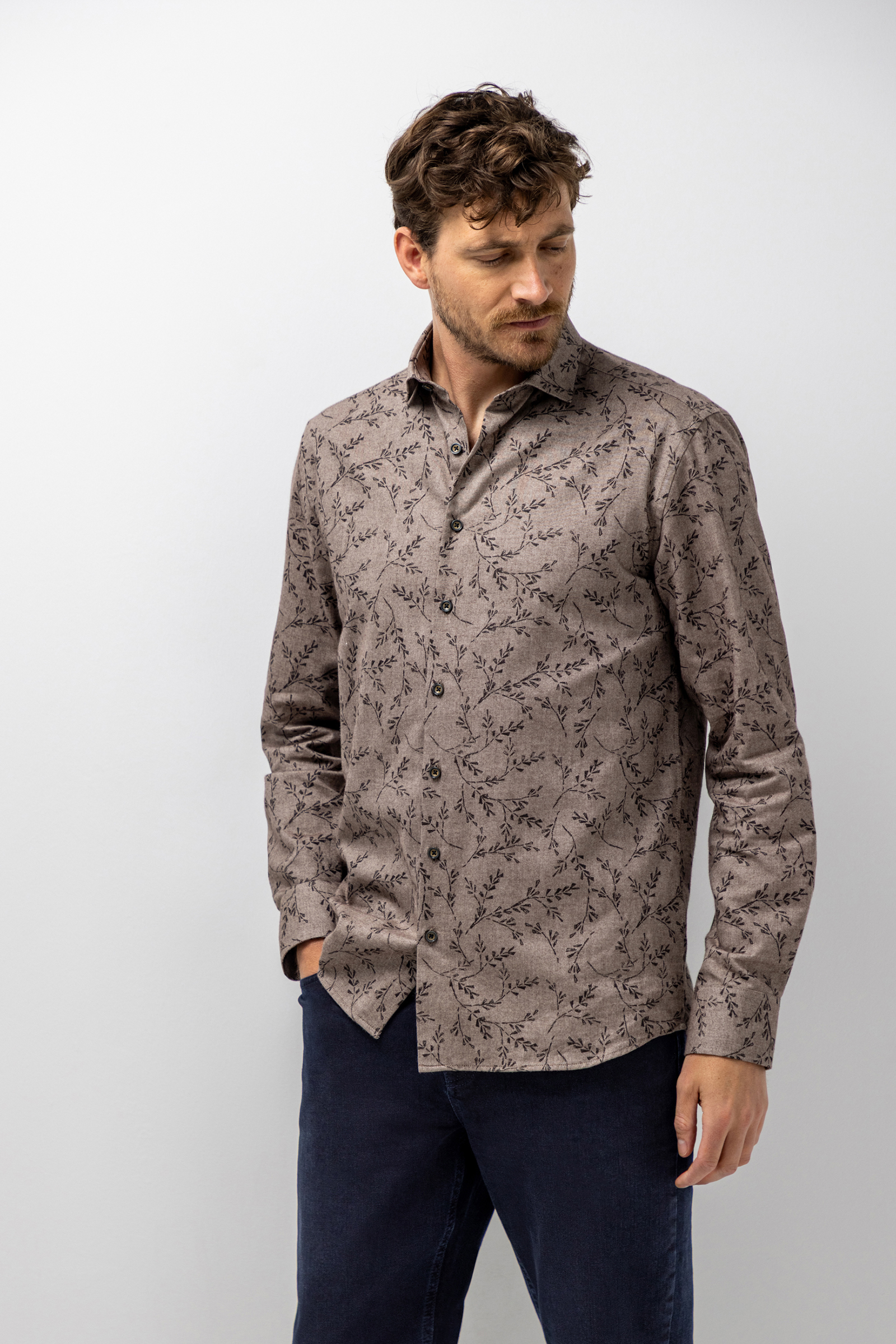 Heren overhemd lm casual bruin