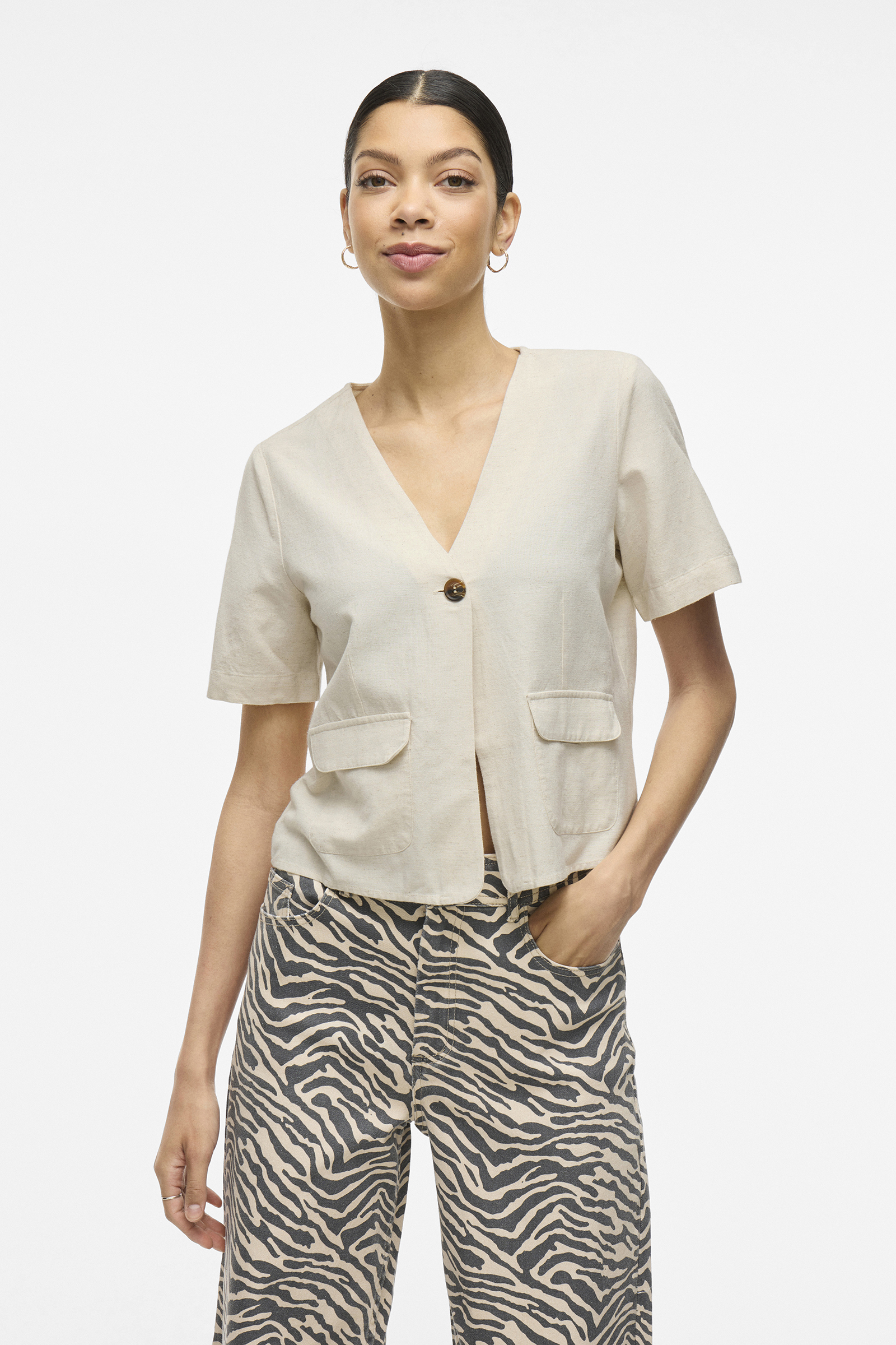 Vila VIPRISILLA V-NECK S/S POCKET TOP 262675-Super Light Natural Melan 2