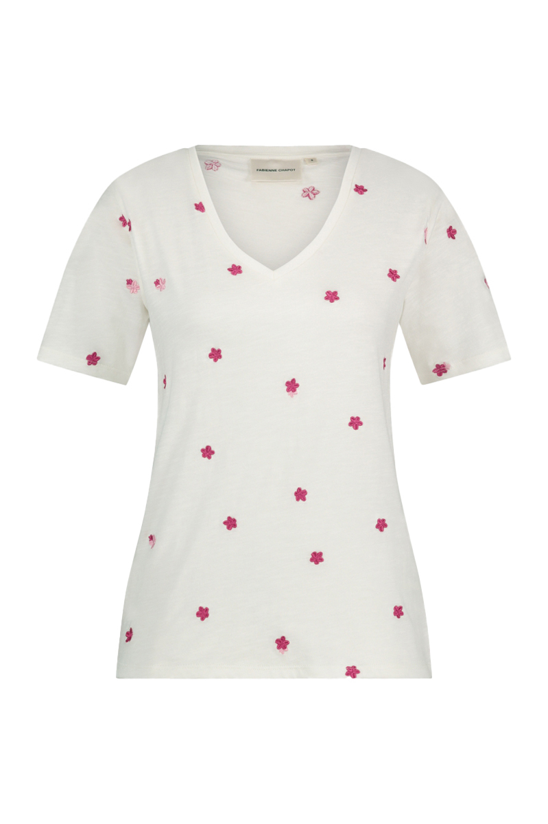 Fabienne Chapot Phill V-neck Pink Flower T-shirt Ecru-1 1
