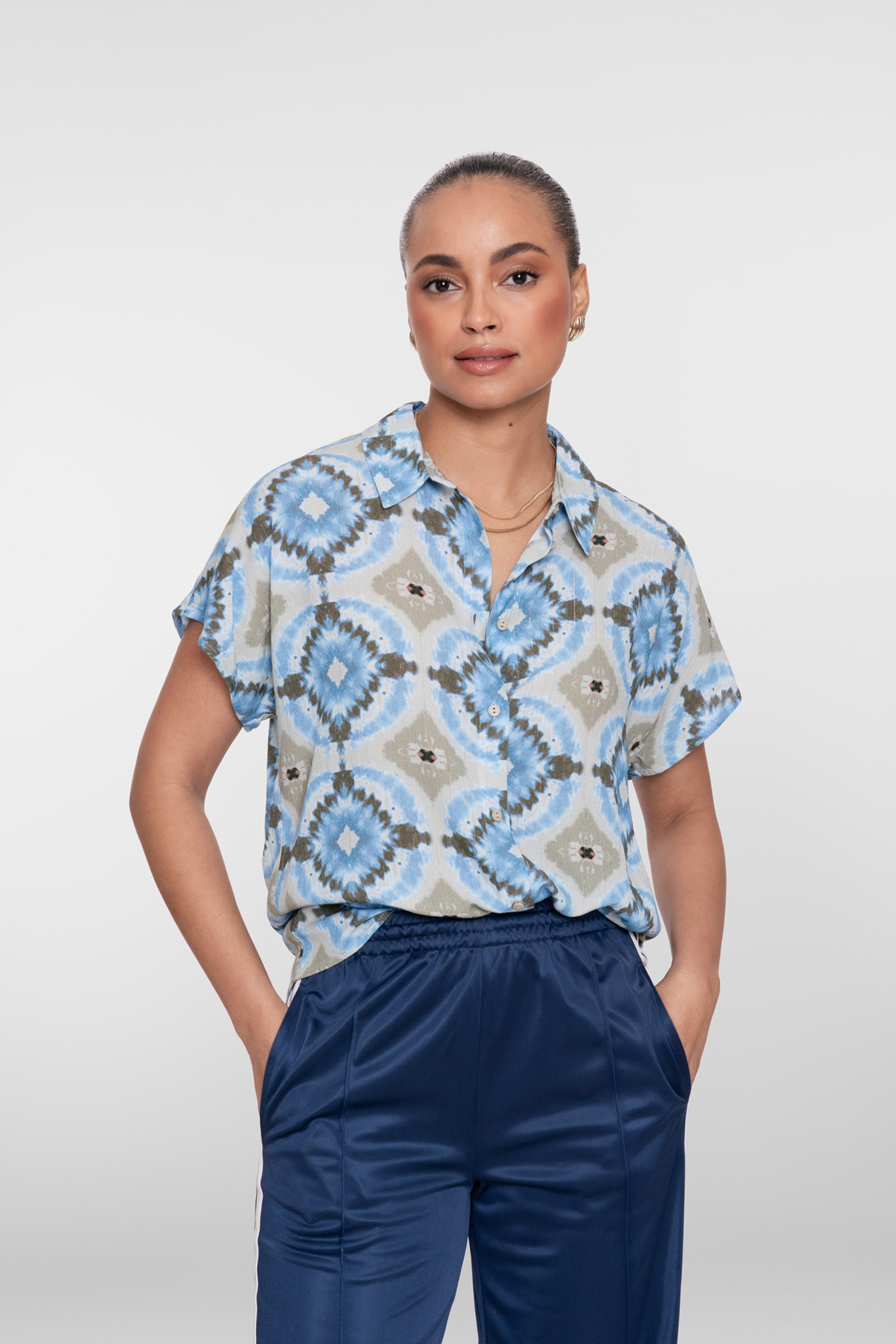 Dames blouse korte mouw blauw