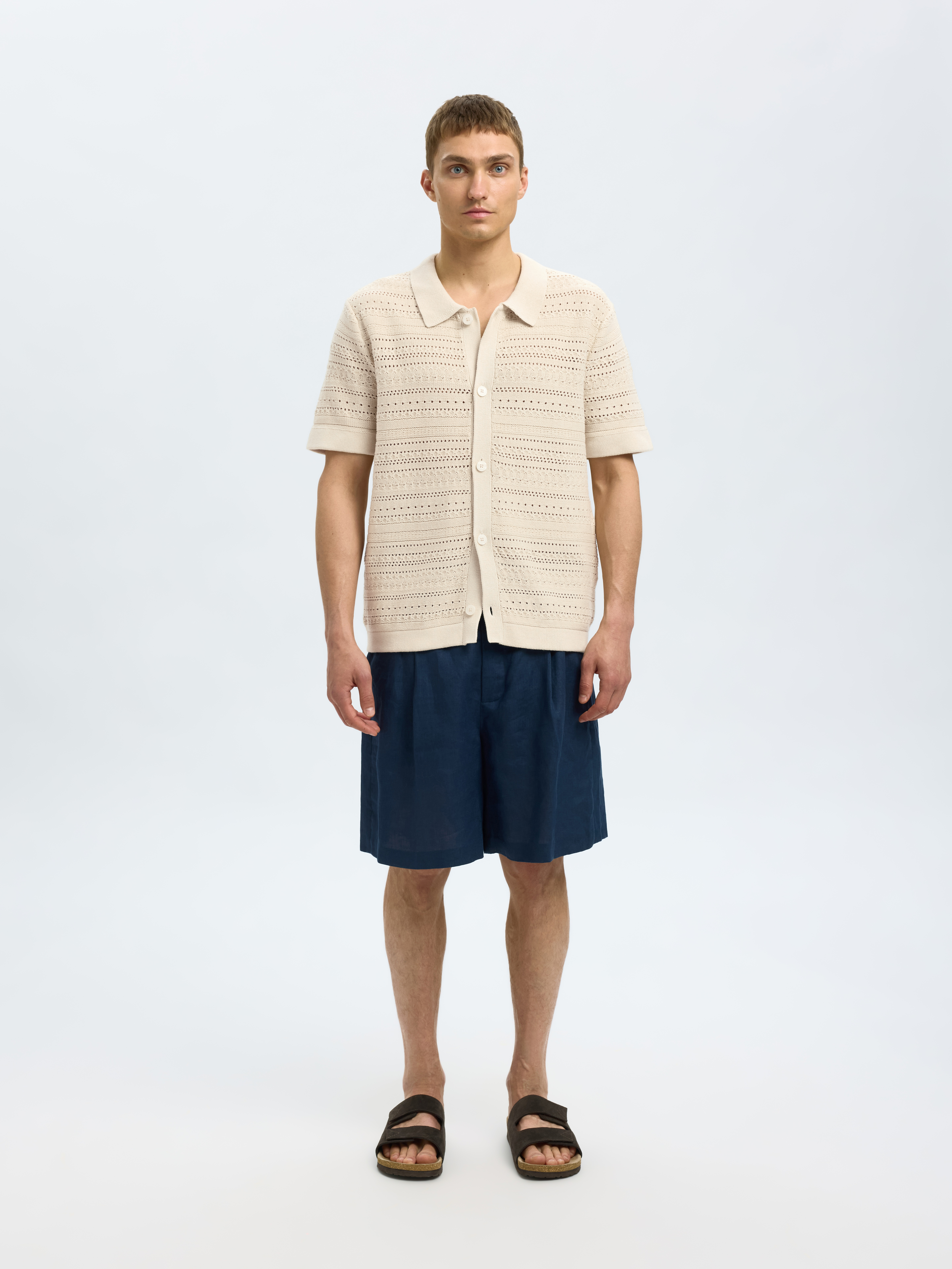 Selected SLHPALO SS KNIT CROCHET POLO CARDIG 184679-Oatmeal 2