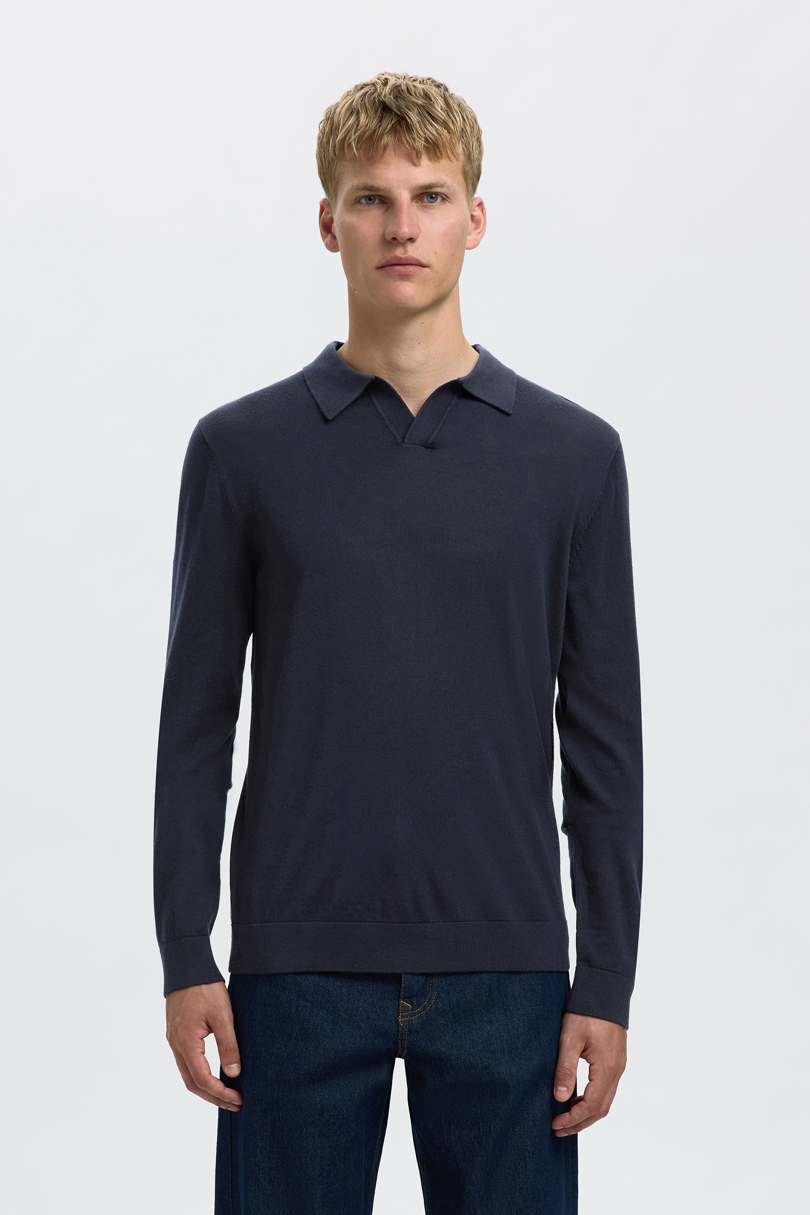 Heren polo lange mouw blauw