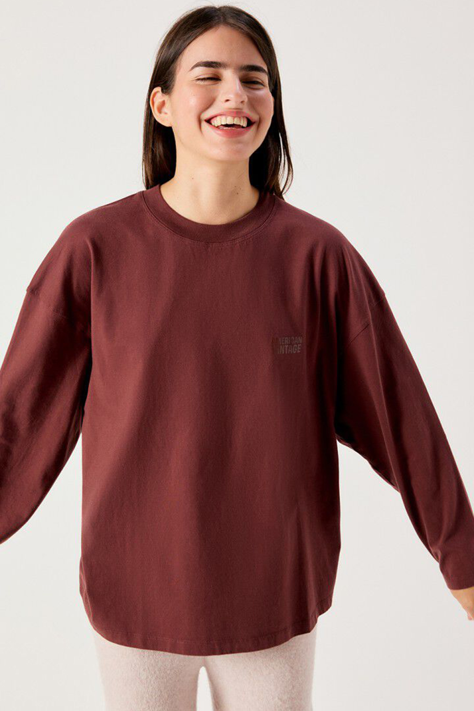 Dames t-shirt lange mouw bruin