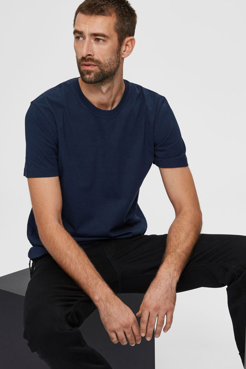 Selected SLHNORMAN180 SS O-NECK TEE S NOOS Blauw-1 5