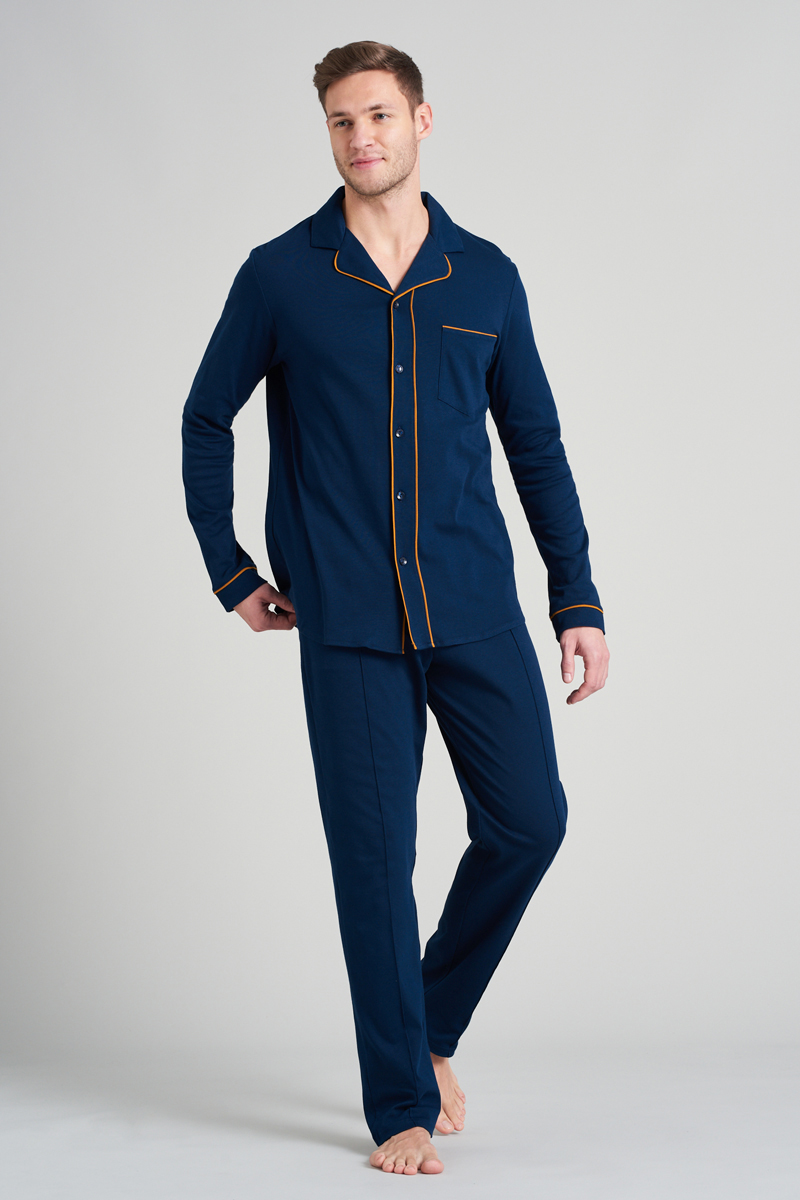 moed tegel pleegouders Schiesser Nachtmode heren pyjama Blauw-1 Voorwinden