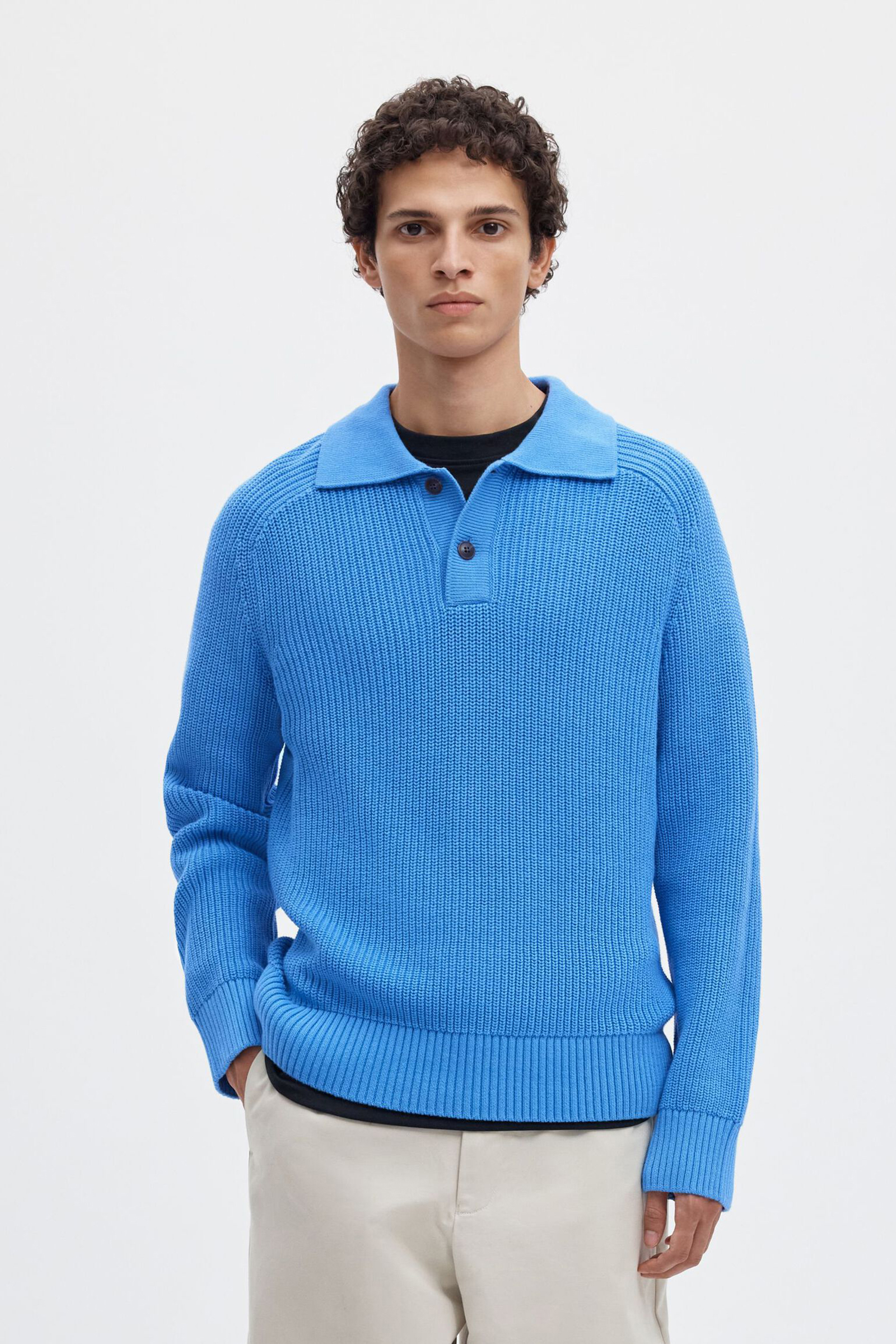 Heren polo lange mouw blauw