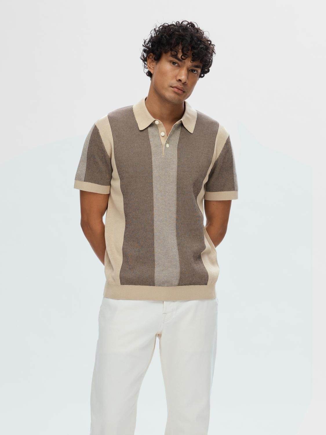 Selected SLHMATTIS SS KNIT STRIPE POLO 276277004-Pure Cashmere/Chocolate Torte / Egr 3