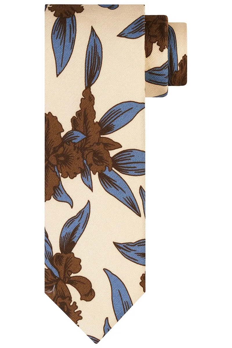 Profuomo TIE COTTON SILK PRINT BROWN Ecru-1 1