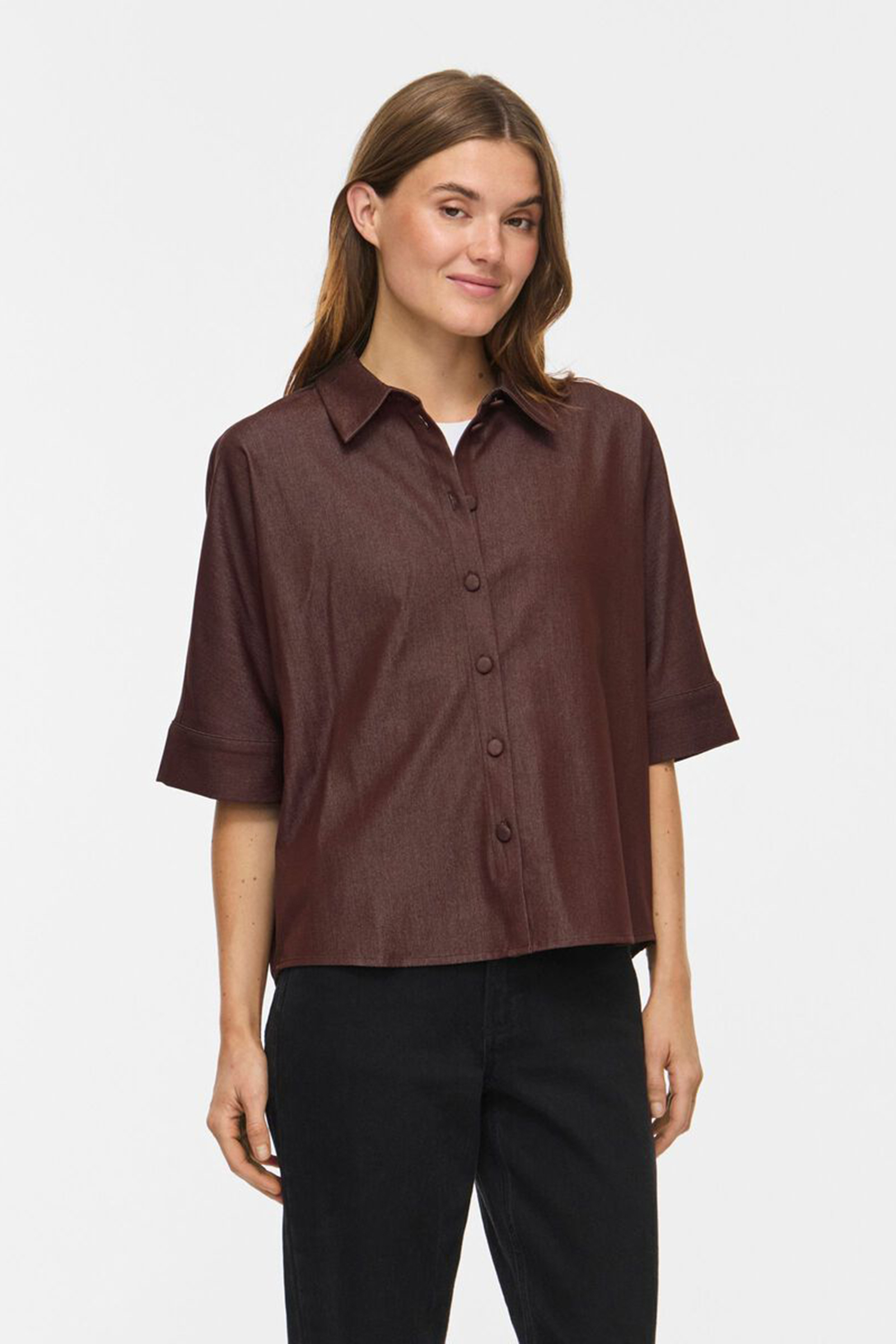Dames blouse korte mouw bruin
