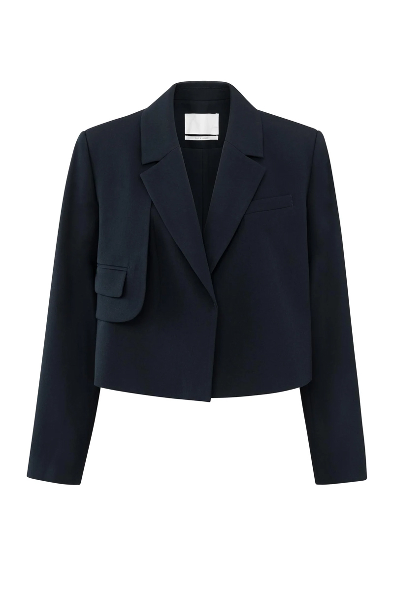 Yaya Woven cropped blazer with flap OUTER SPACE BLUE 1
