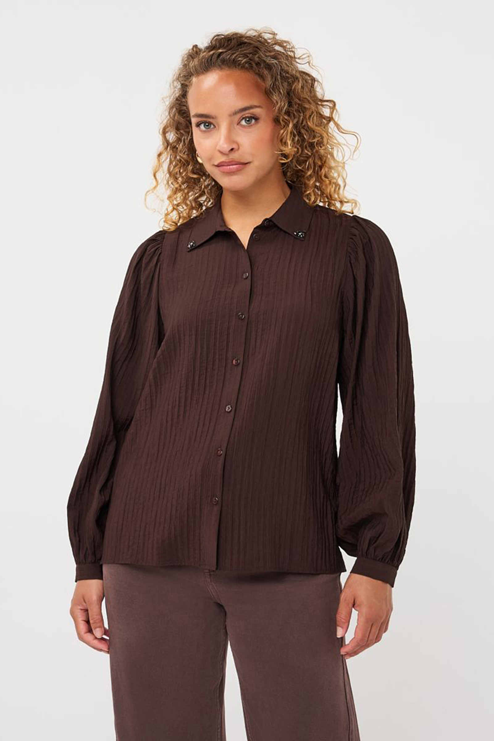 Dames blouse lange mouw bruin