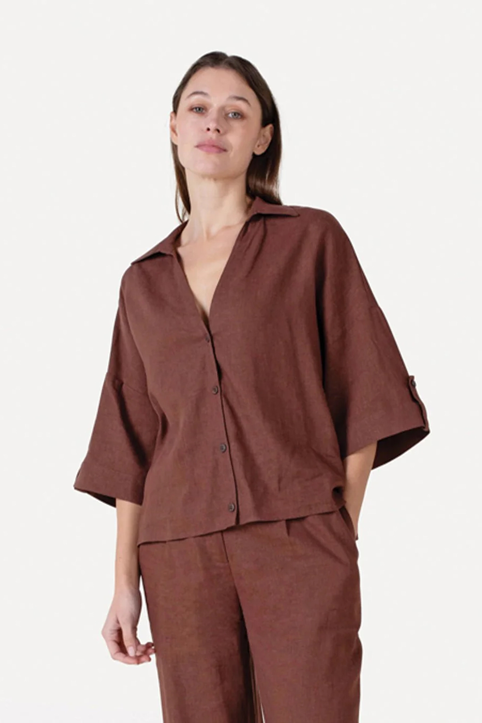 Dames blouse korte mouw bruin