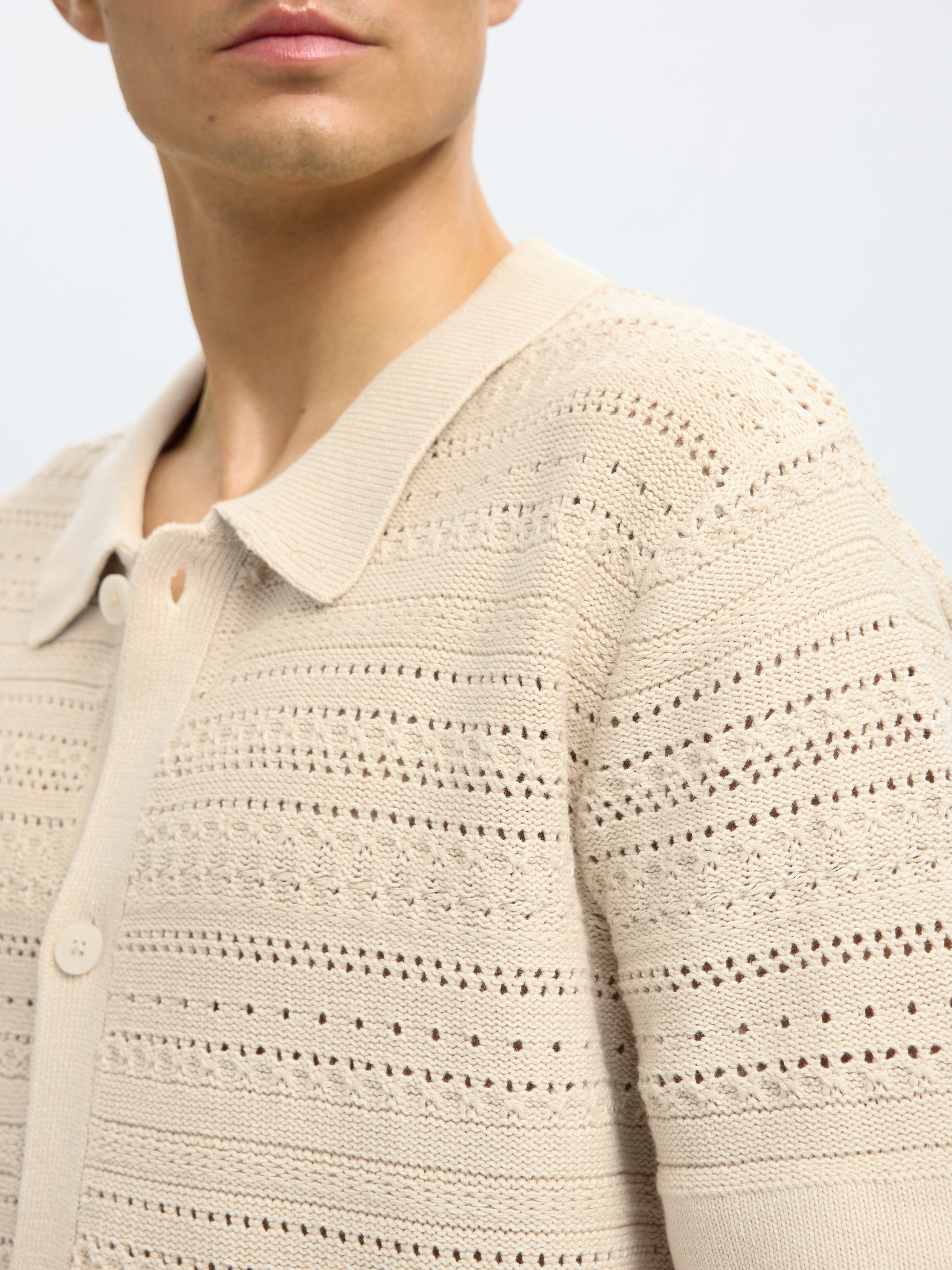 Selected SLHPALO SS KNIT CROCHET POLO CARDIG 184679-Oatmeal 5