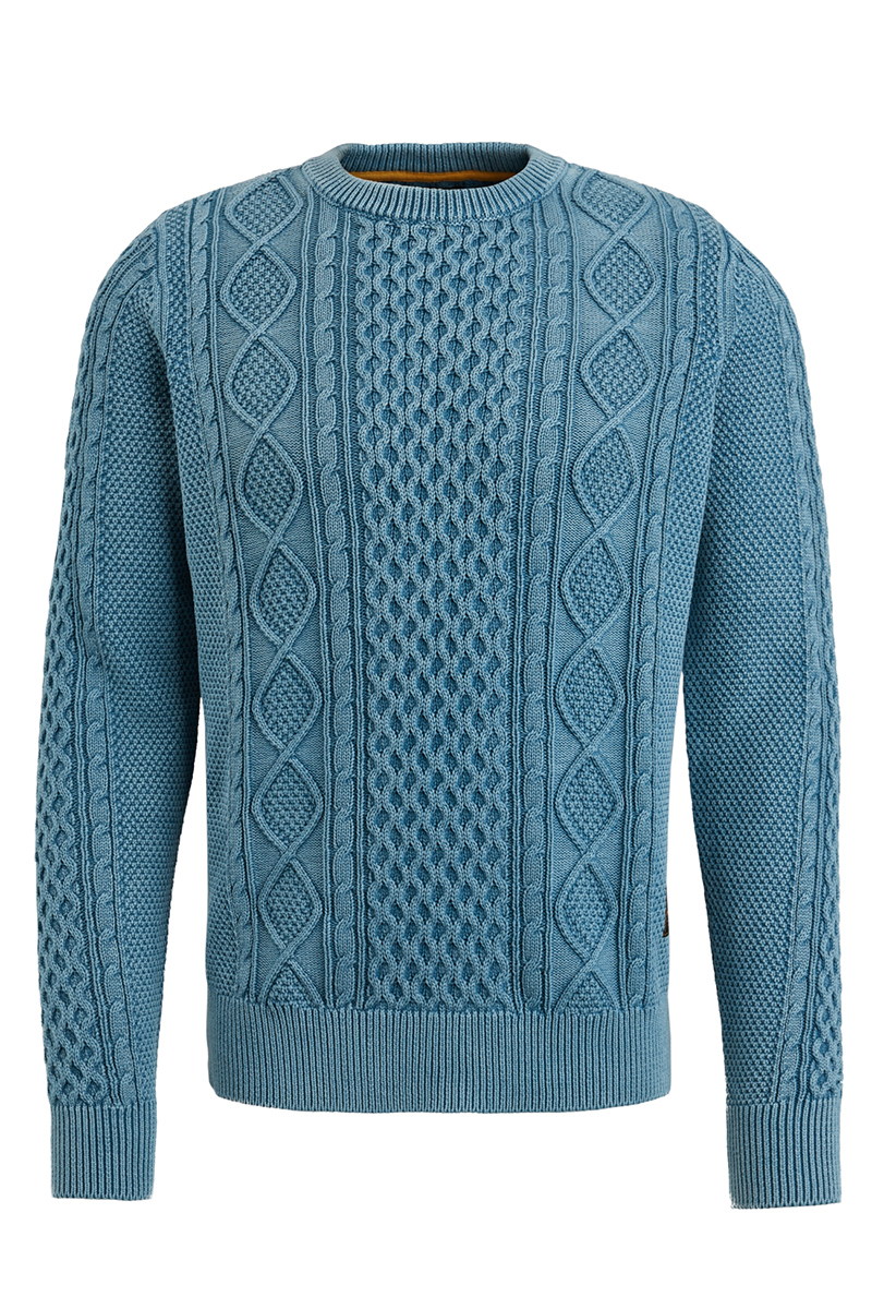 PME Legend R-neck garment dye cable knit Real Teal 1