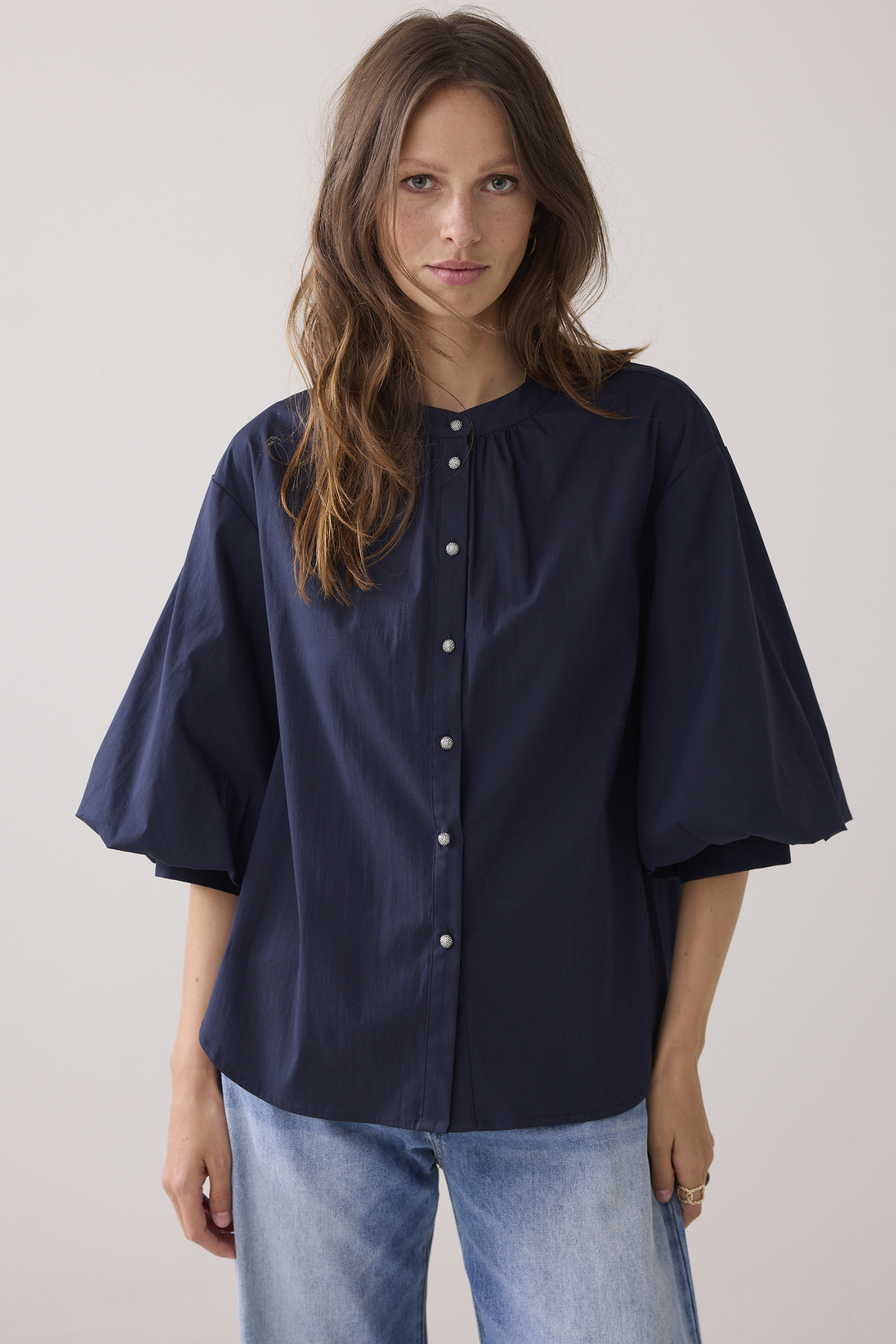 Dames blouse korte mouw blauw