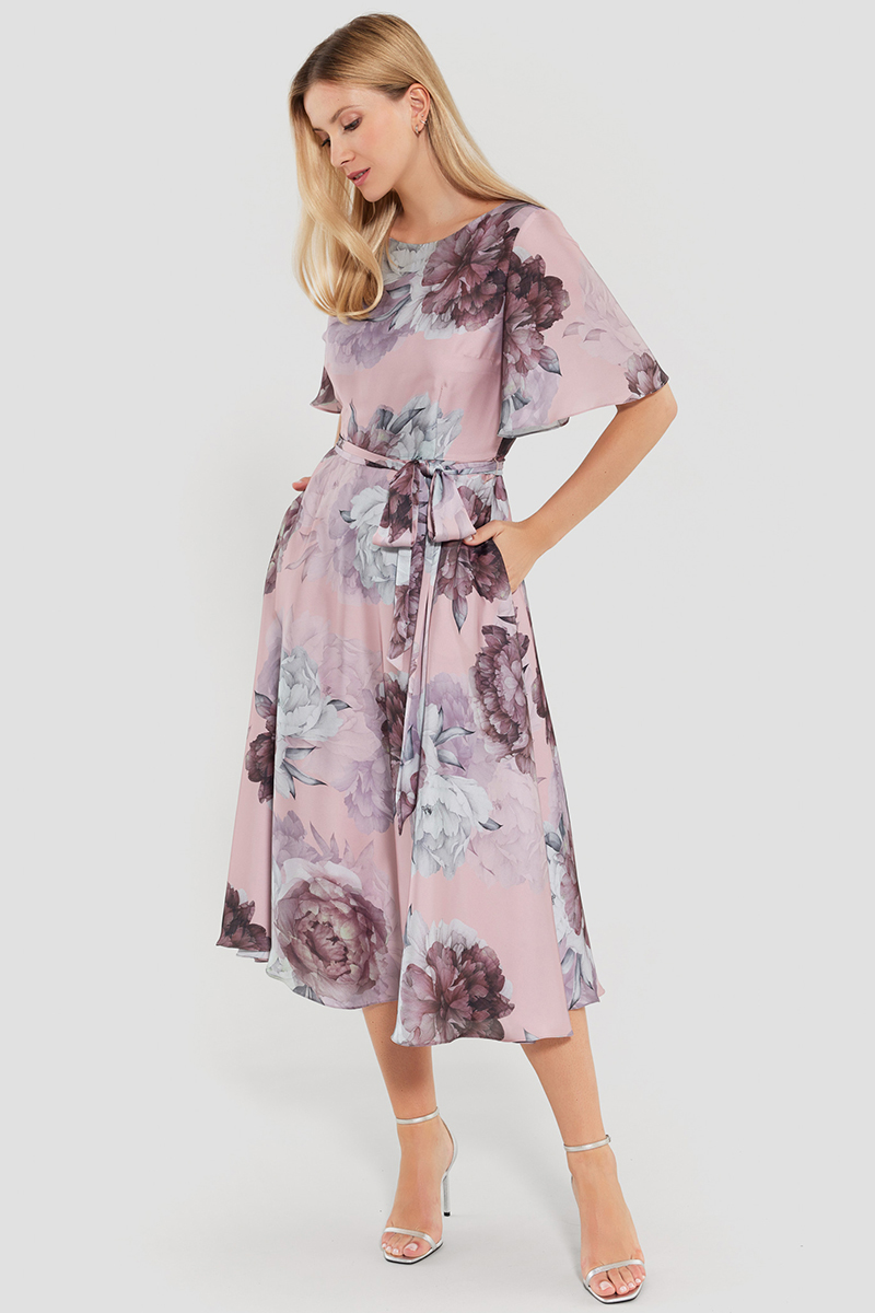 Swing Cocktailkleid aus bedrucktem Satin Rose-1 2