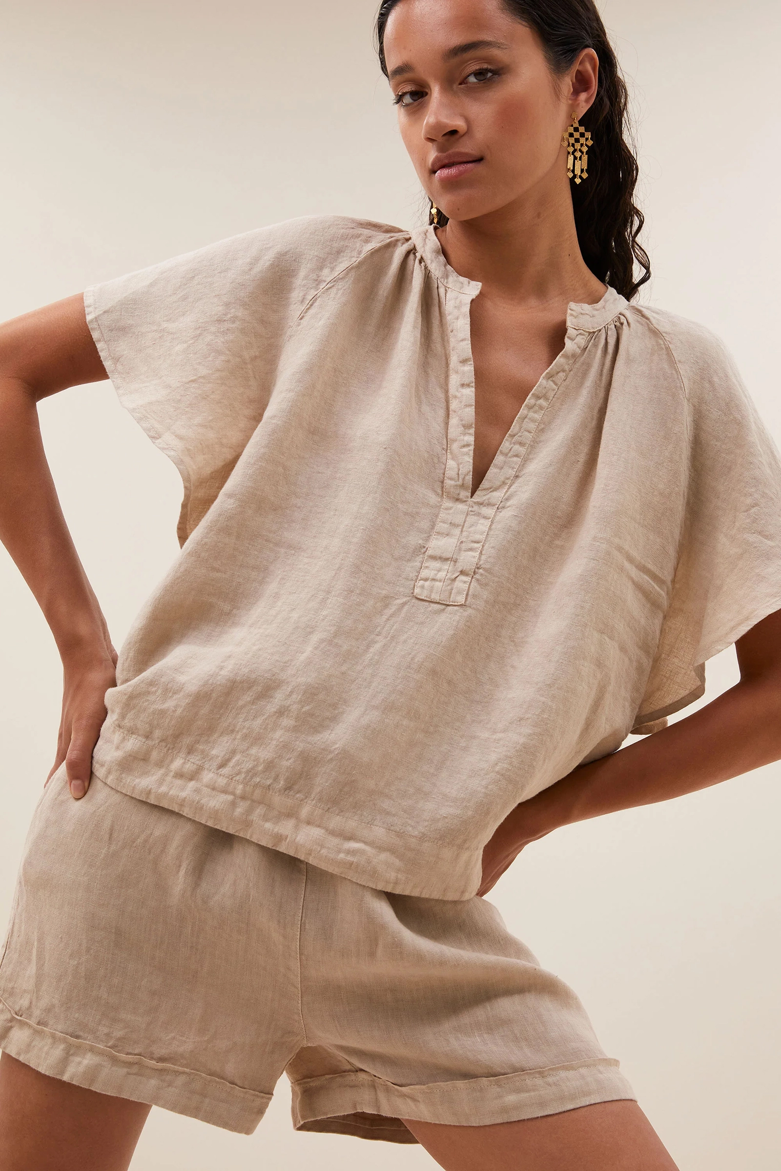 Dames blouse korte mouw bruin