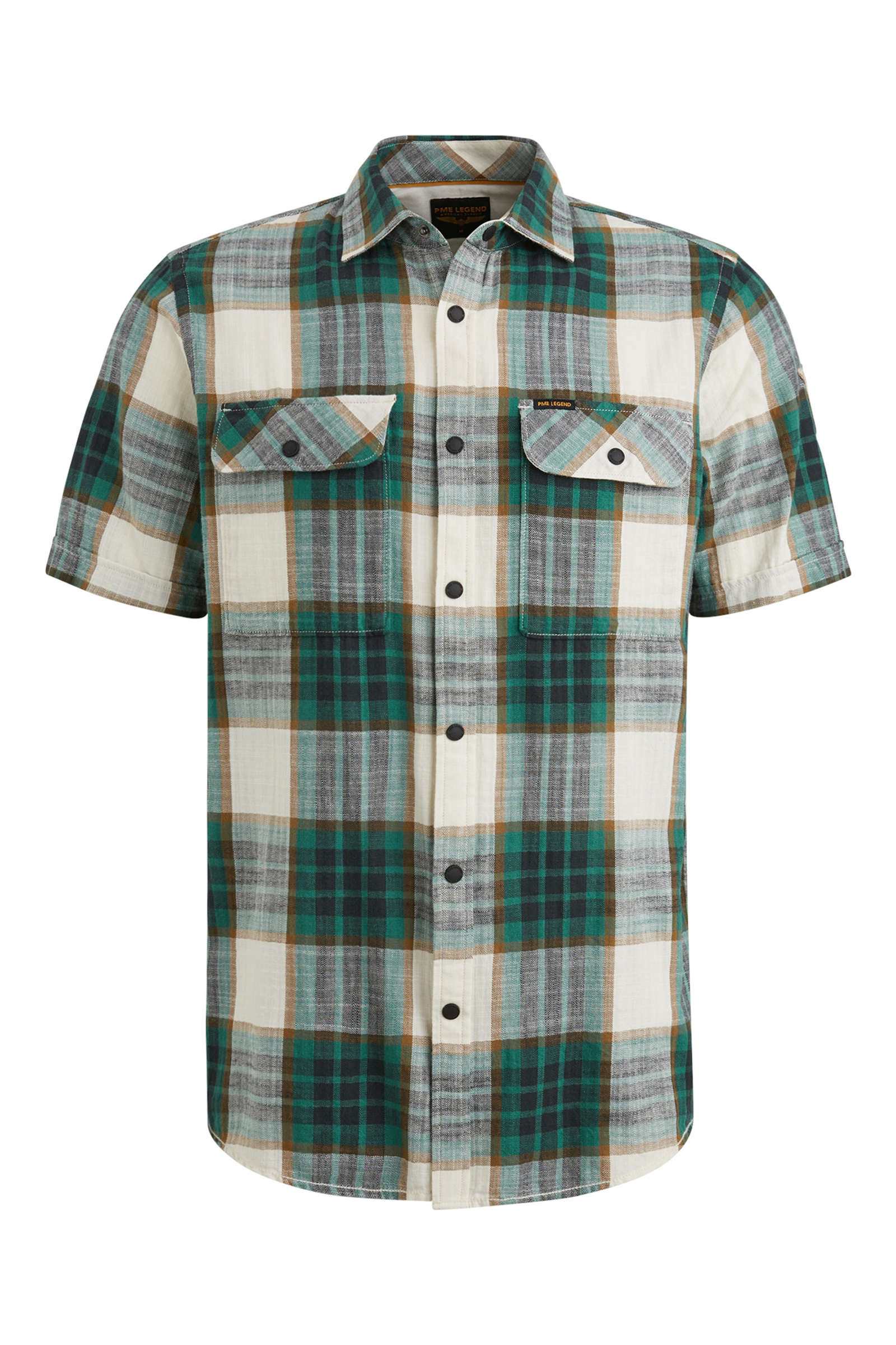 PME Legend Short Sleeve Shirt Y/D Slub Herringbone Check Groen-1 1