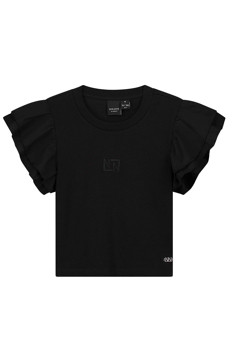 Nik & Nik Volant Sleeve Rib T-Shirt Zwart-1 1