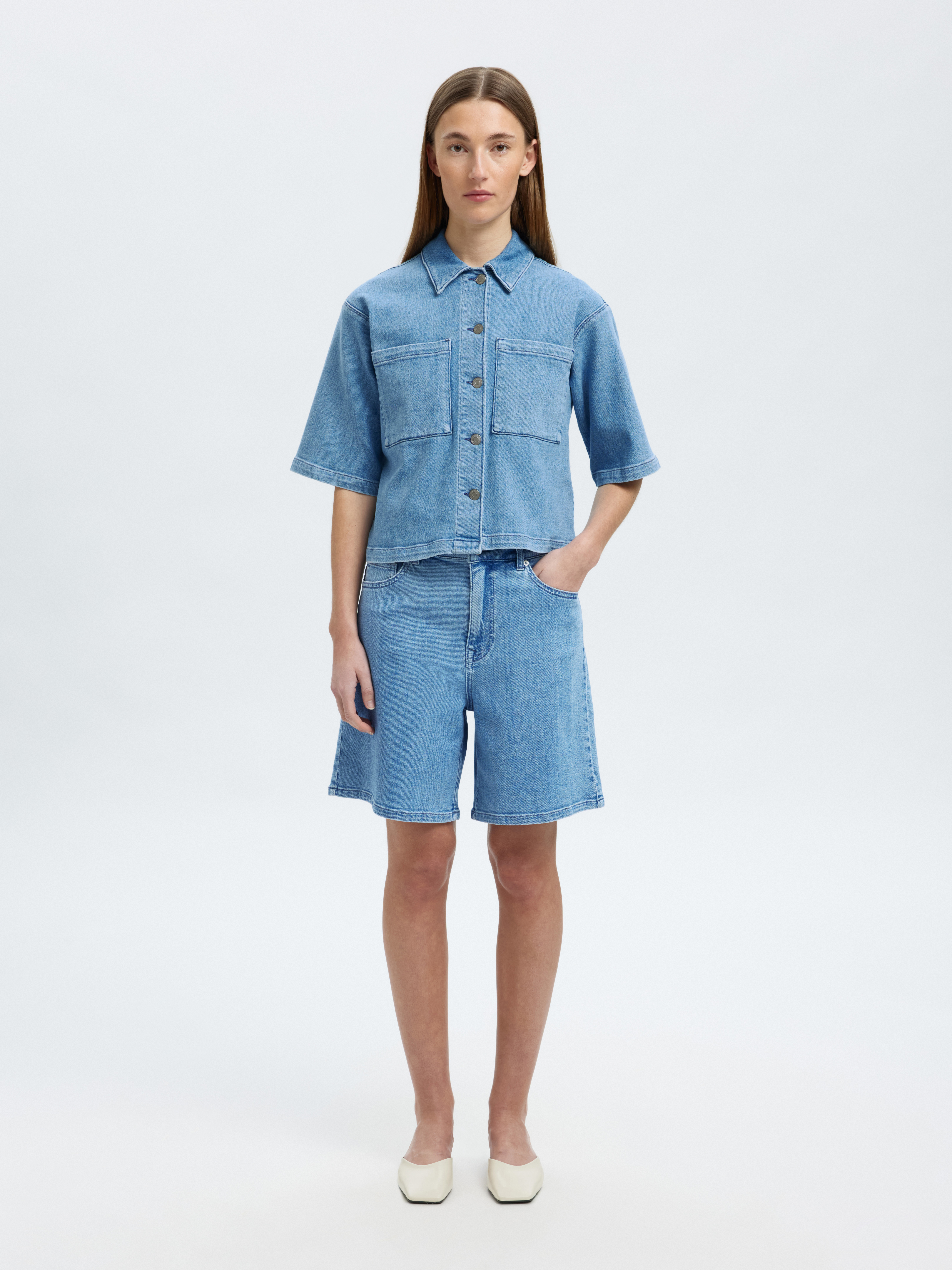 Selected SLFANYA 2/4 SHORT DENIM SHIRT 182315-Light Blue Denim 5