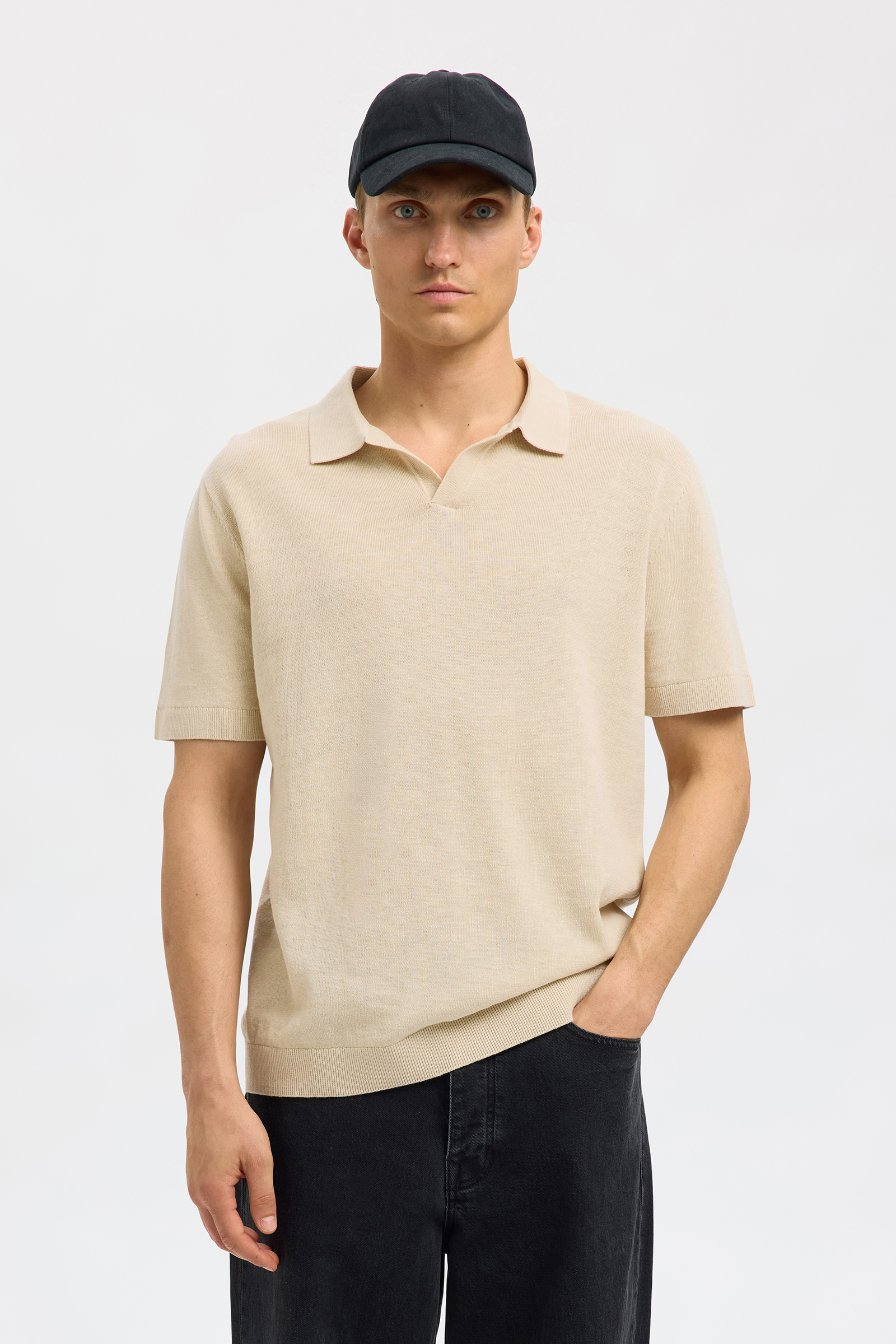 Selected SLHMATTIS SS LINEN BLEND OPEN POLO 184679-Oatmeal 2