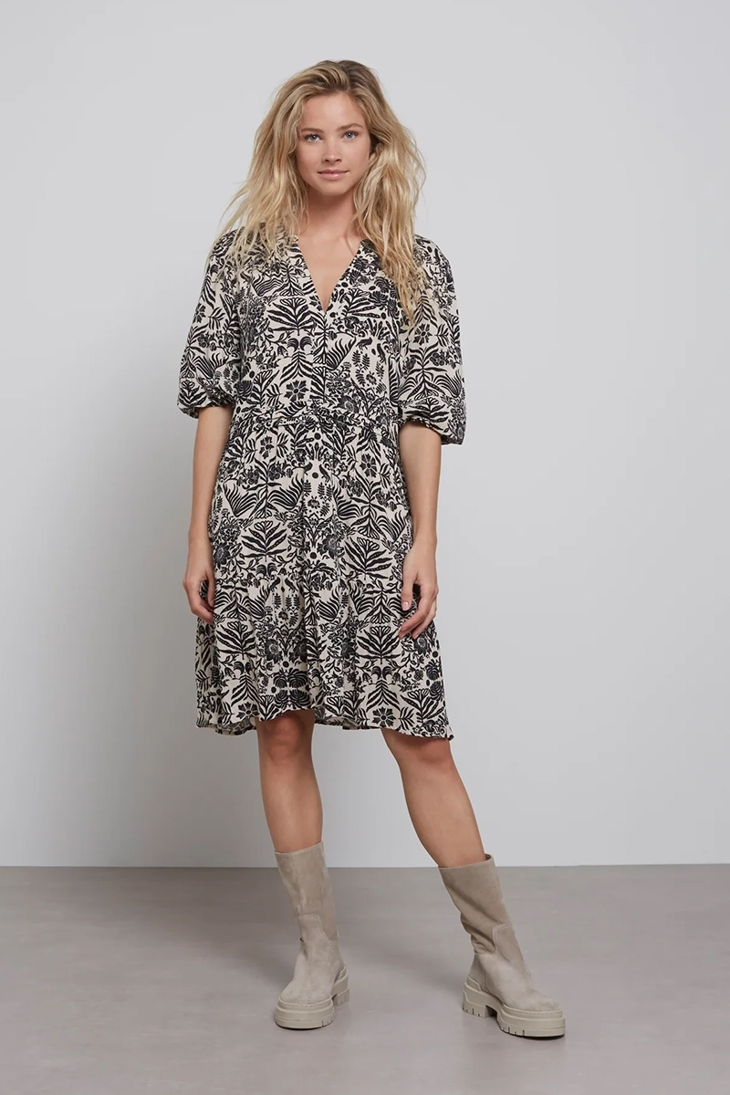 Yaya Printed v neck dress Bruin/Beige-1 2