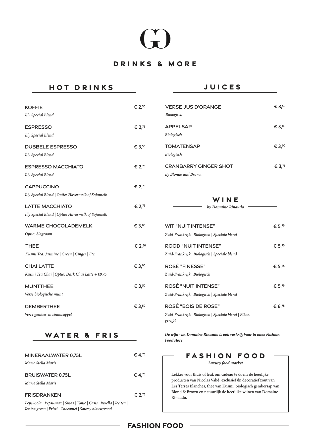 Menukaart modecafe Voorwinden