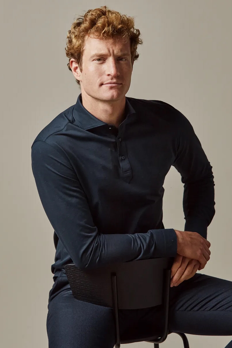 Heren polo lange mouw blauw