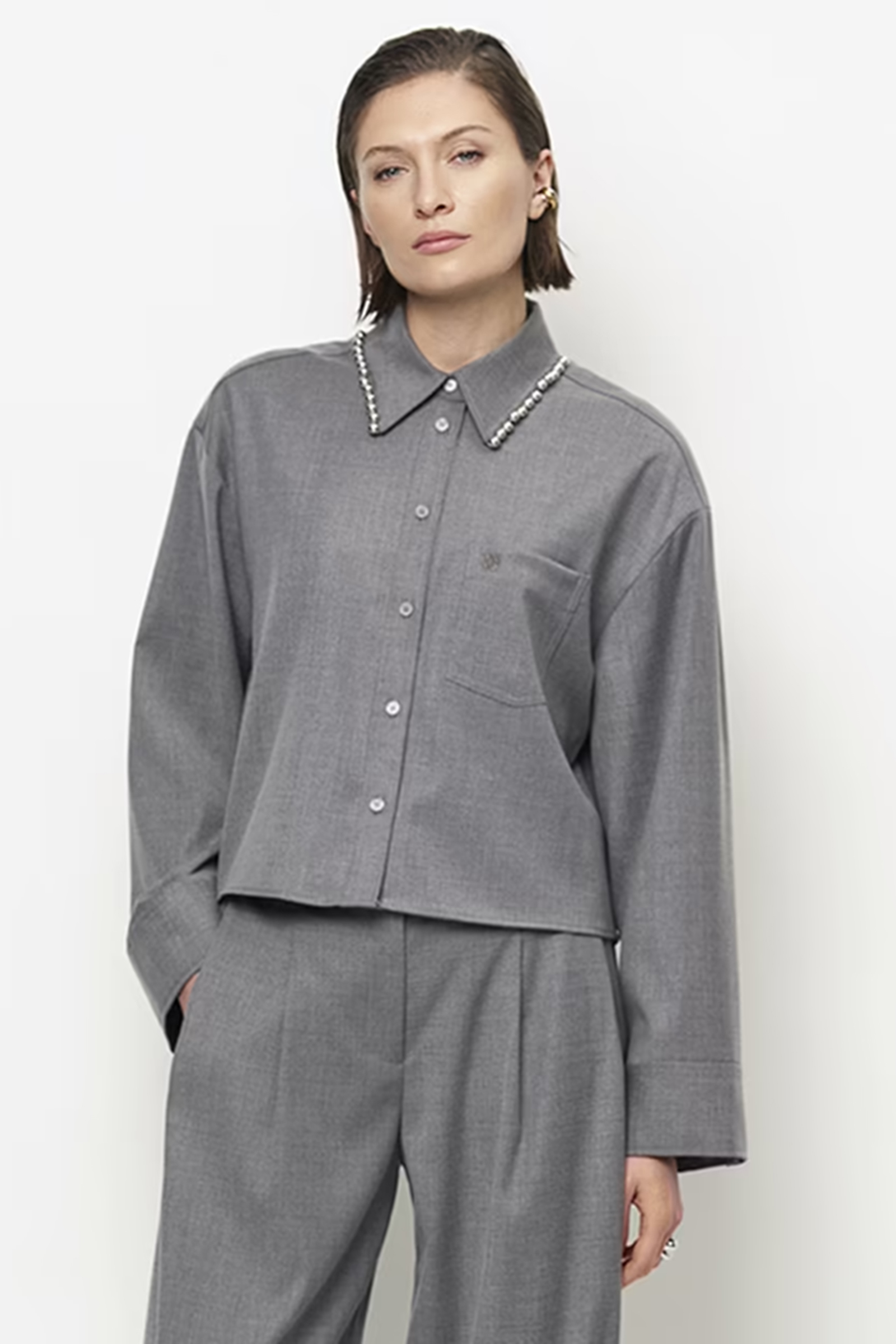Dames blouse lange mouw grijs