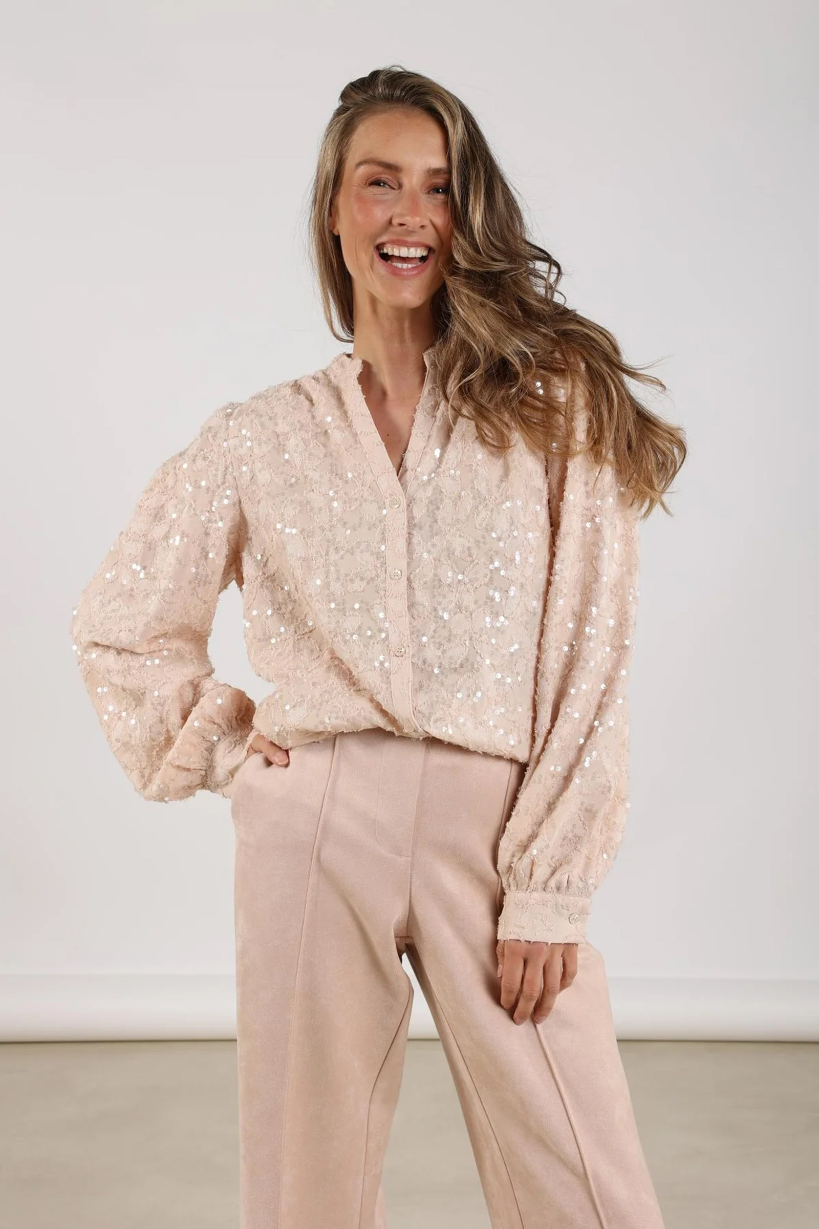 Dames blouse lange mouw rose