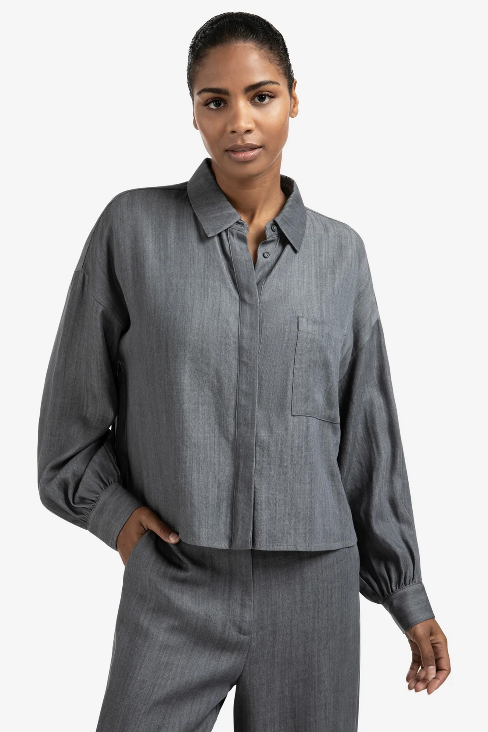 Dames blouse lange mouw grijs