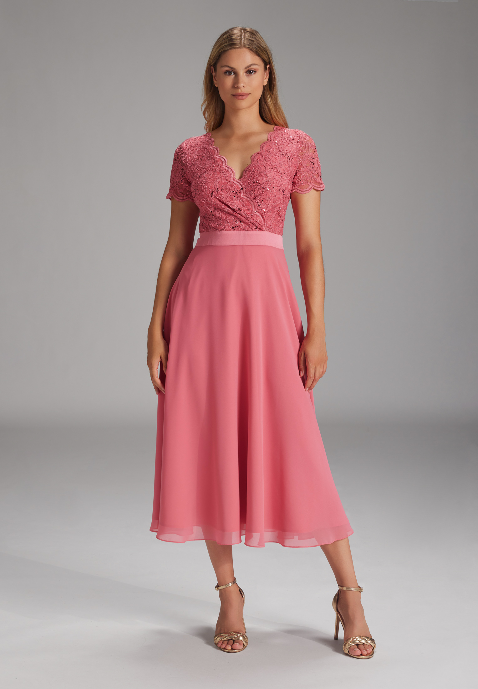 Swing Spitzen-Chiffon-Kleid mit Taillenba melon pink 5