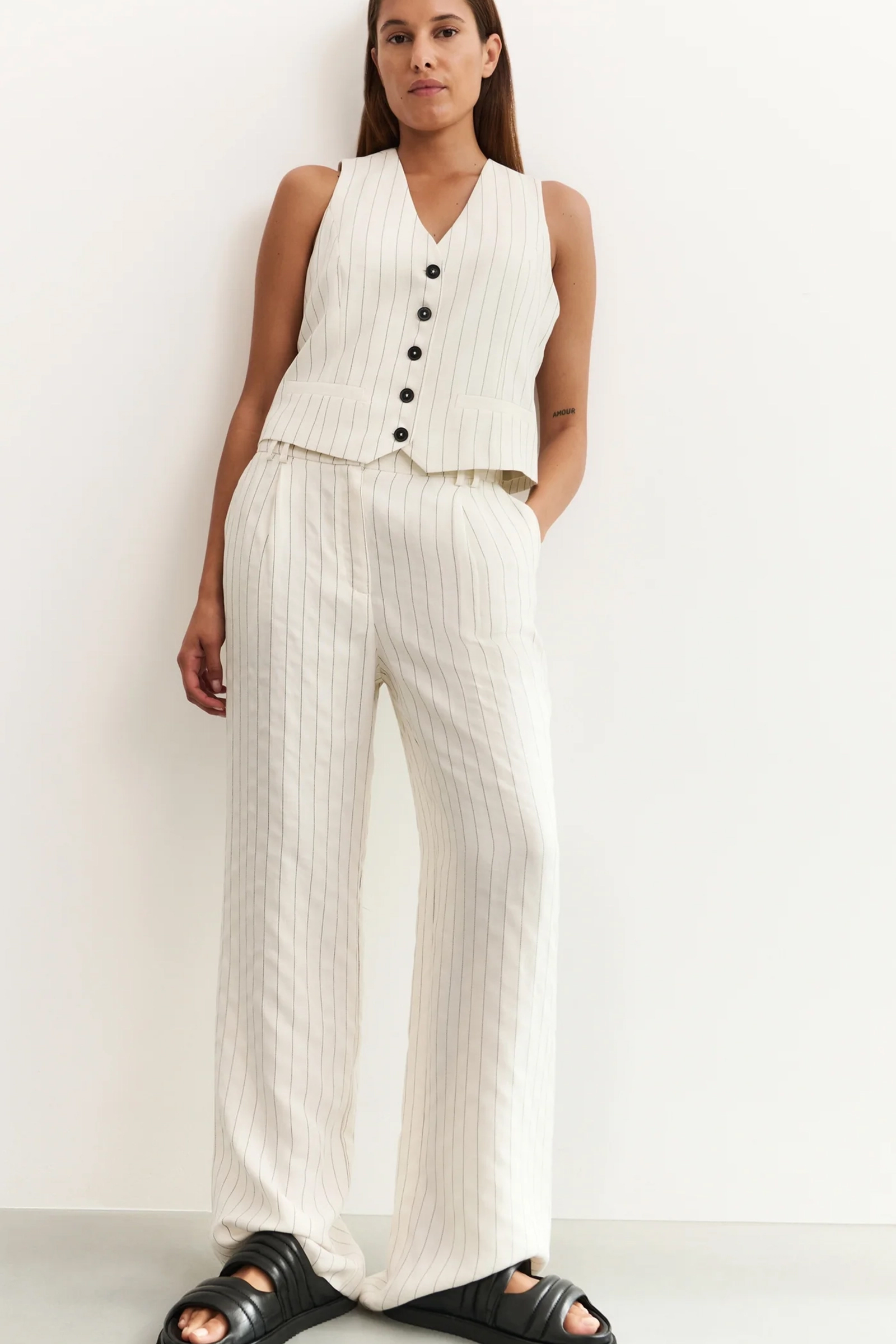 Yaya Linen mix wide leg trousers SAND LINEN BEIGE DESSIN 2