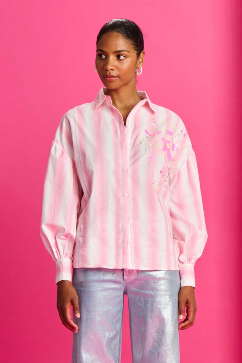 POM Amsterdam BLOUSE Embroidert Striped Pink o Rose-1 2