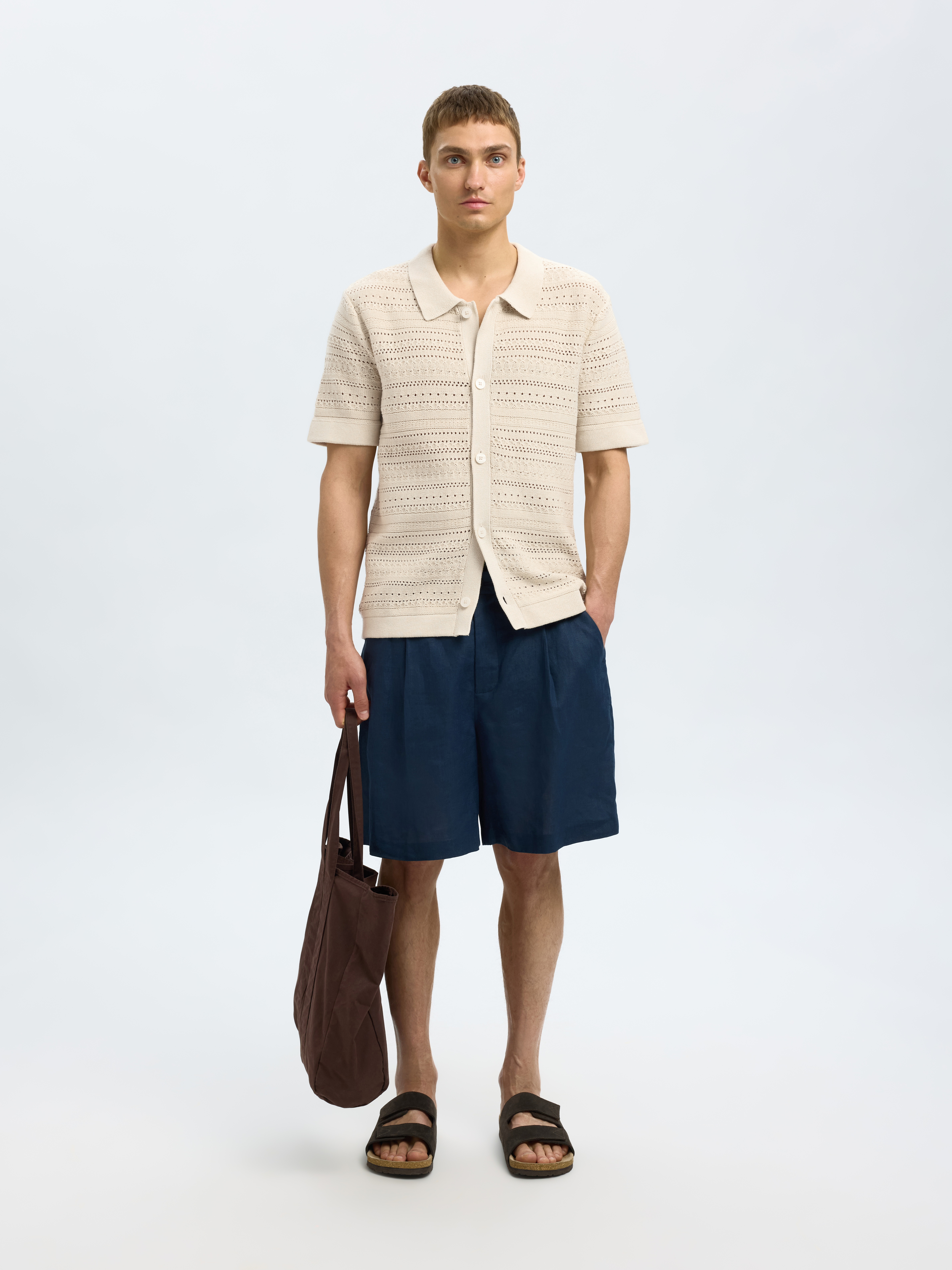 Selected SLHPALO SS KNIT CROCHET POLO CARDIG 184679-Oatmeal 3