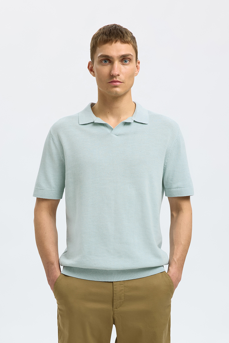 Selected SLHMATTIS SS LINEN BLEND OPEN POLO 298145003-Winter Sky/Egret twist 2