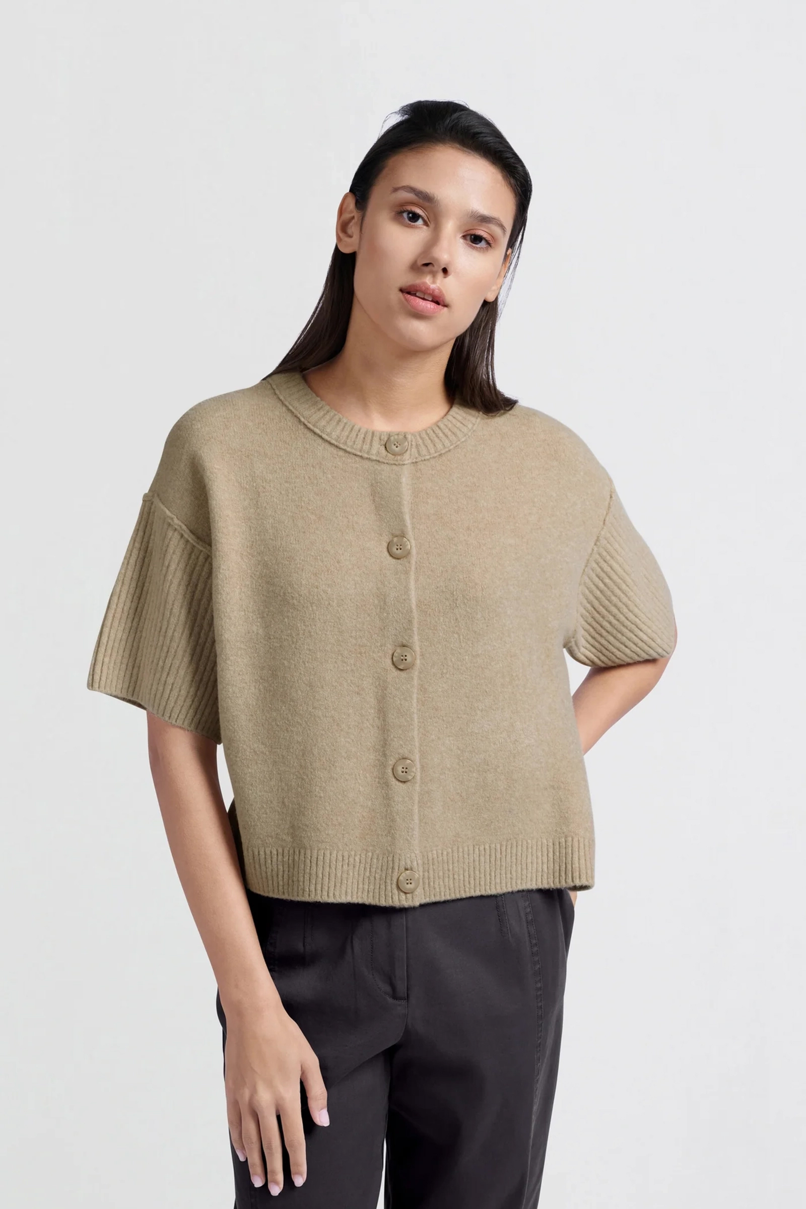 Yaya Cardigan with wide short sleev HUMUS BEIGE MELANGE 2
