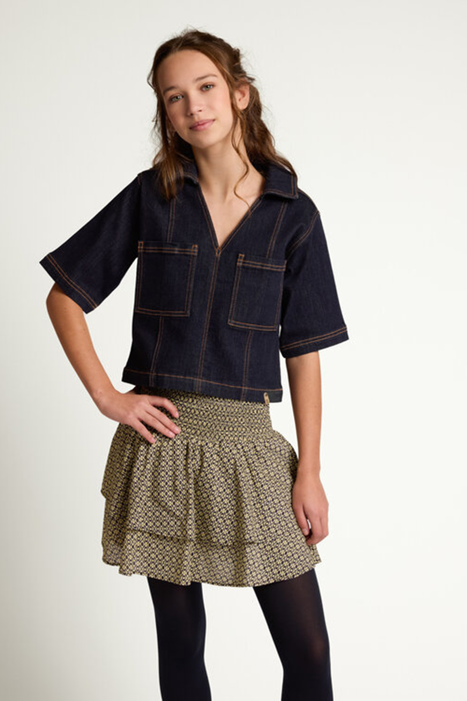 Meisjes blouse korte mouw blauw