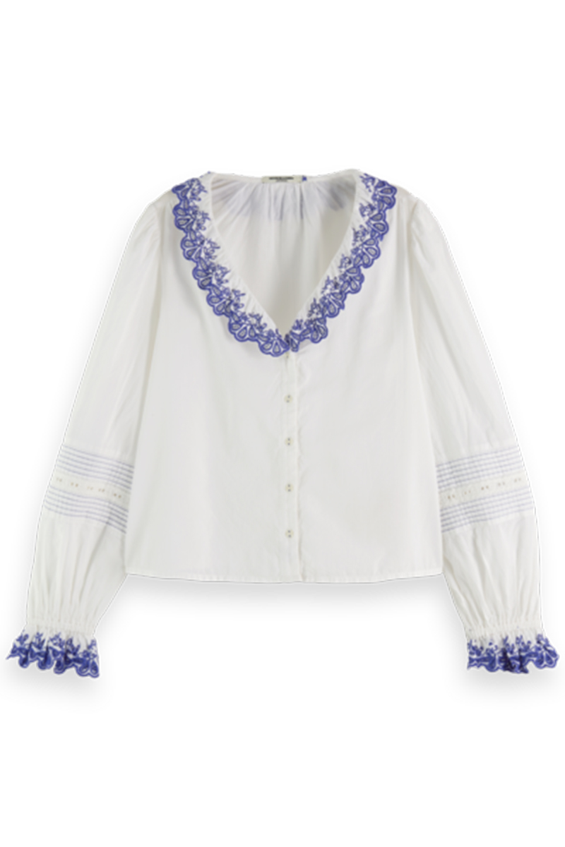 Scotch & Soda V-neck shirt with broderie in Organ Wit-1 1