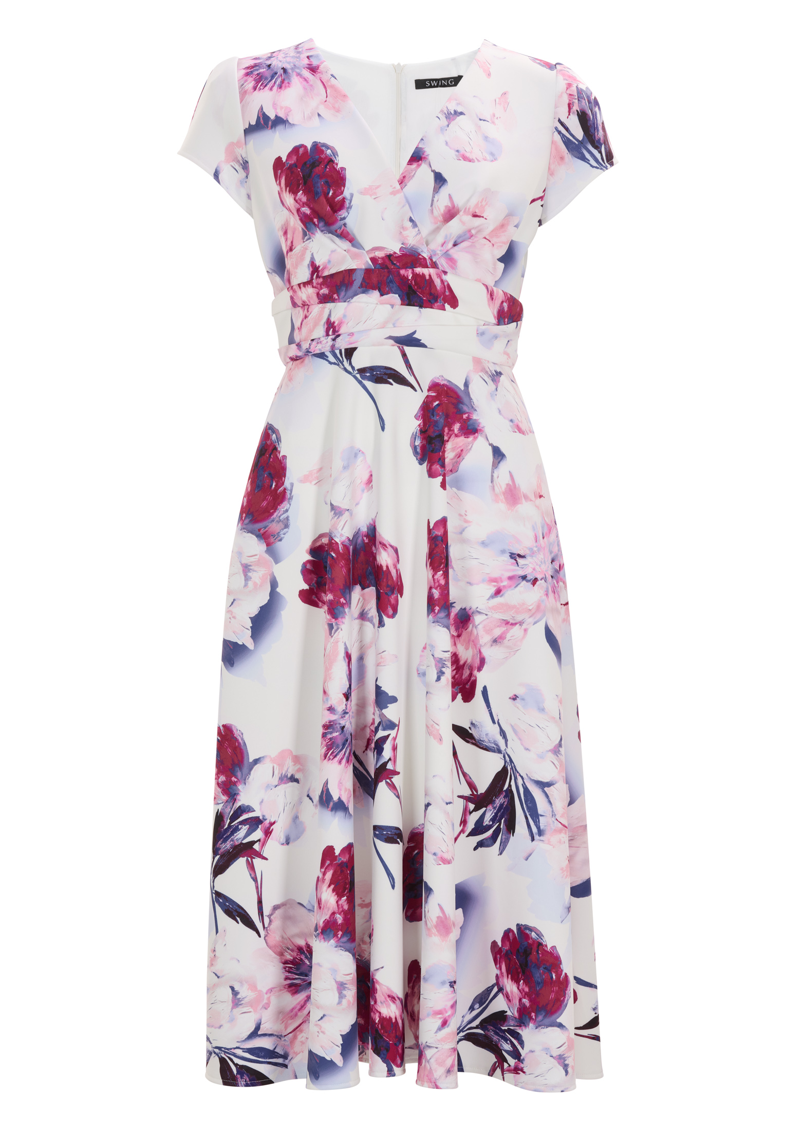 Swing Midi Kleid aus bedrucktem Scuba ivory / ruby red 1